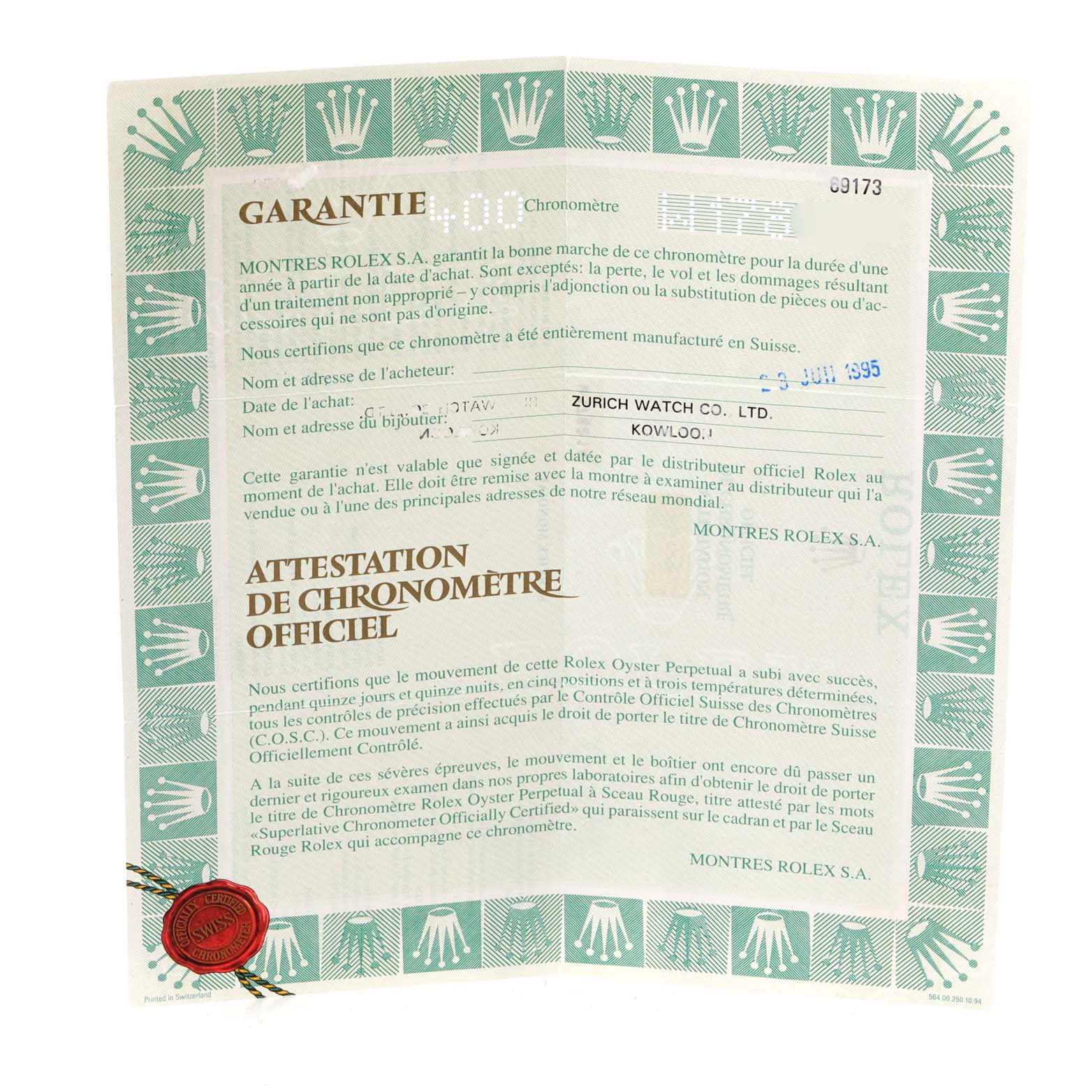 The image shows the warranty and official chronometer certification for a Rolex Datejust 69173 Women's Steel and Gold (two tone) Blue Dial 69173 Women's Steel and Gold (two tone) Blue Dial watch.