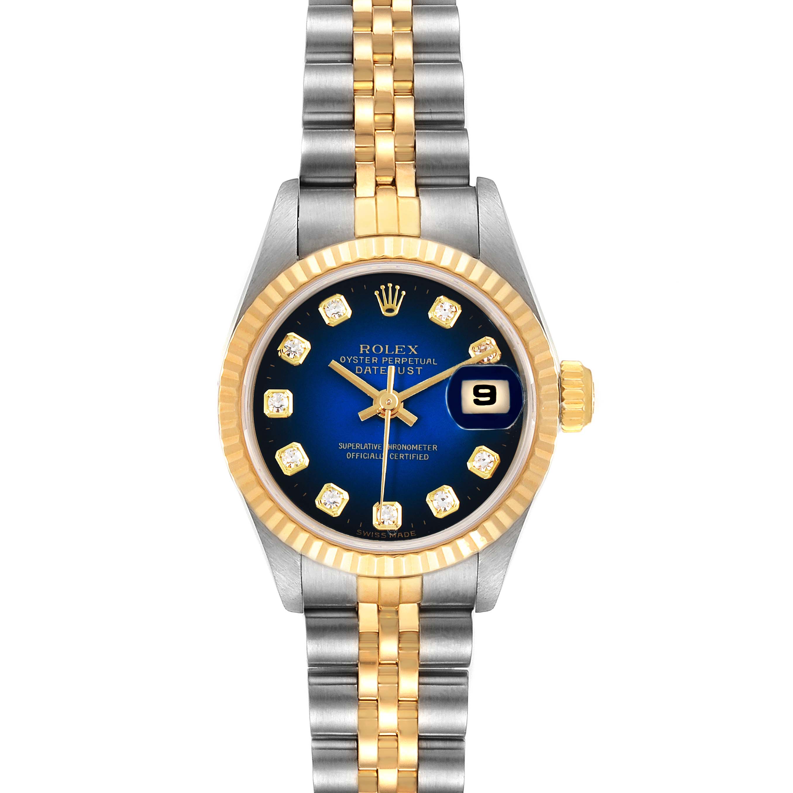 This image shows a Rolex Datejust 69173 Women's Steel and Gold (two tone) Blue Dial 69173 Women's Steel and Gold (two tone) Blue Dial watch from a straight-on angle, displaying the dial, bezel, and bracelet.