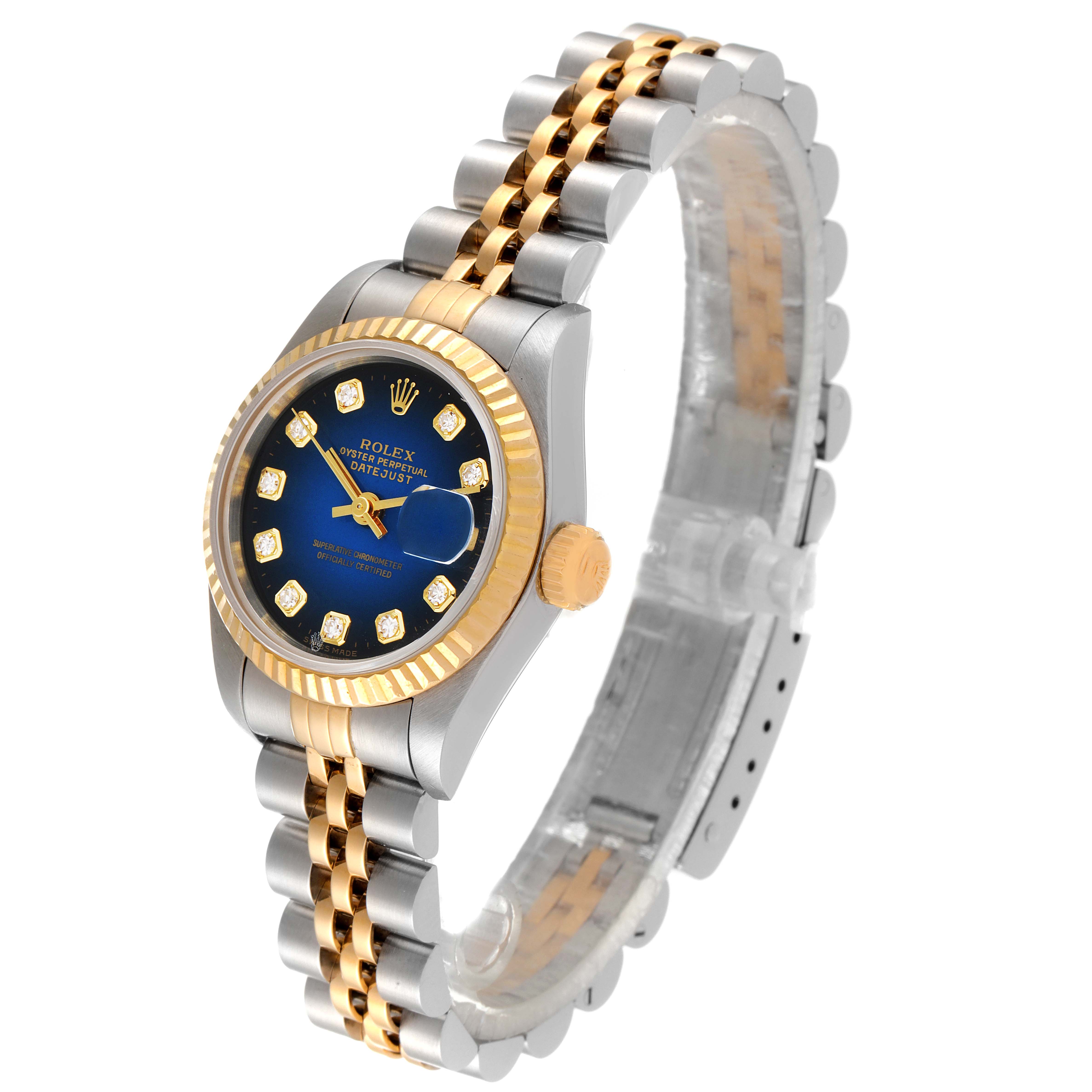 This image shows a Rolex Datejust 69173 Women's Steel and Gold (two tone) Blue Dial 69173 Women's Steel and Gold (two tone) Blue Dial watch at a slight angle displaying its face, bezel, crown, and bracelet strap.