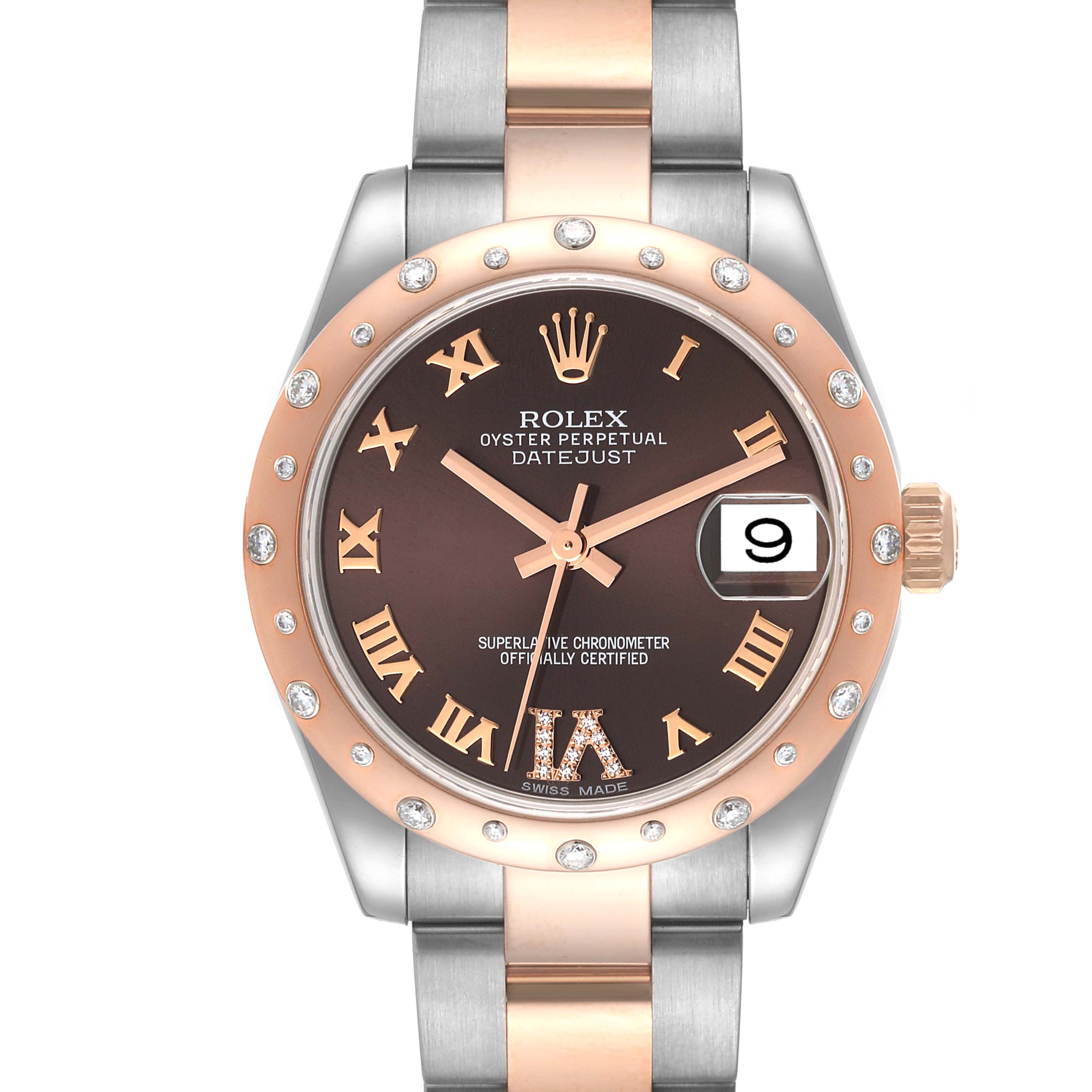 The image shows a front view of a Rolex Mid-Size 178341 Women's Steel and Gold (two tone) Brown Dial 178341 Women's Steel and Gold (two tone) Brown Dial Oyster Perpetual Datejust watch, highlighting the dial, bezel, and part of the bracelet.