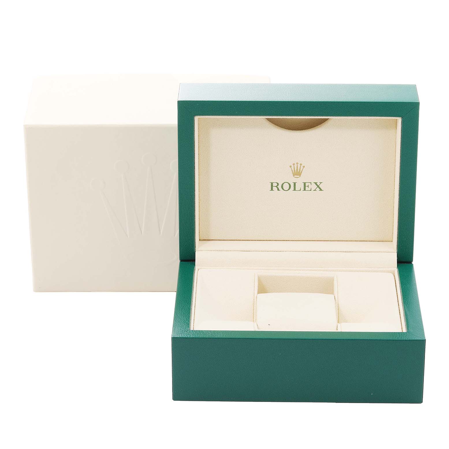 The image shows a Rolex Mid-Size 178341 Women's Steel and Gold (two tone) Brown Dial 178341 Women's Steel and Gold (two tone) Brown Dial watch box with its inner cushion and outer box, displayed from a front angle.