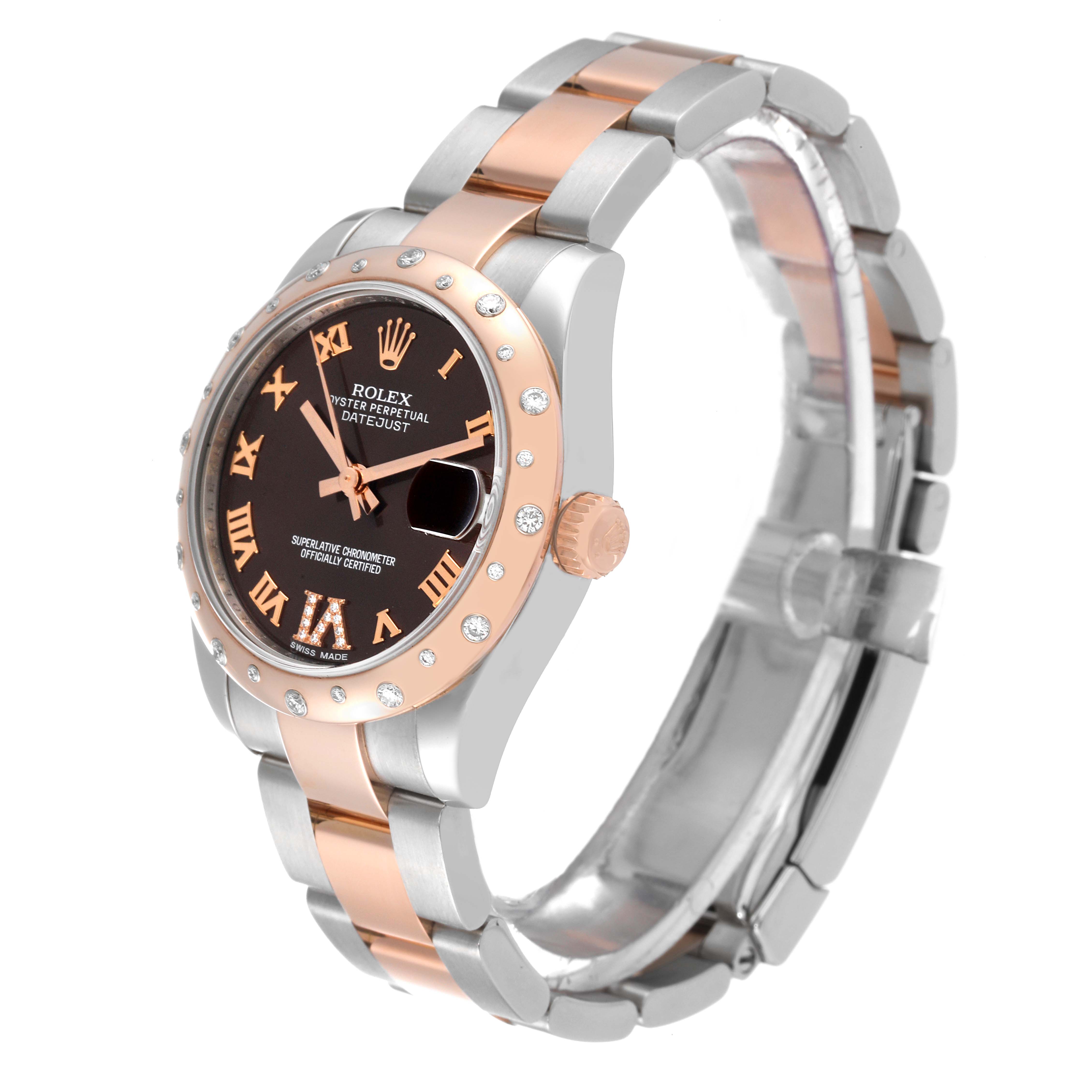 This image shows a Rolex Mid-Size 178341 Women's Steel and Gold (two tone) Brown Dial 178341 Women's Steel and Gold (two tone) Brown Dial Oyster Perpetual Datejust watch at a three-quarter angle, highlighting its dial, bezel, and bracelet.