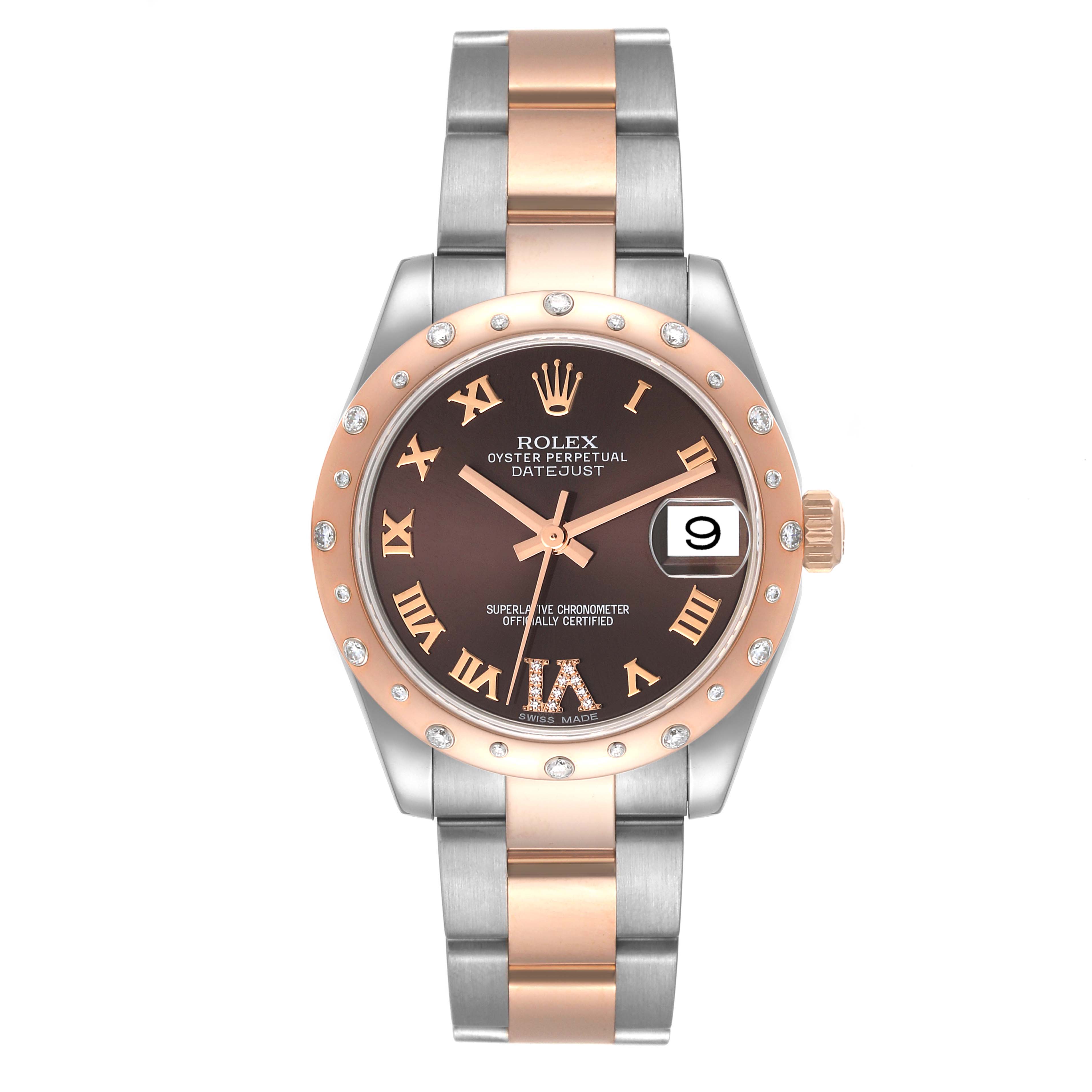 This is a front view of the Rolex Mid-Size 178341 Women's Steel and Gold (two tone) Brown Dial 178341 Women's Steel and Gold (two tone) Brown Dial Datejust watch, showing the face, bezel, and bracelet.
