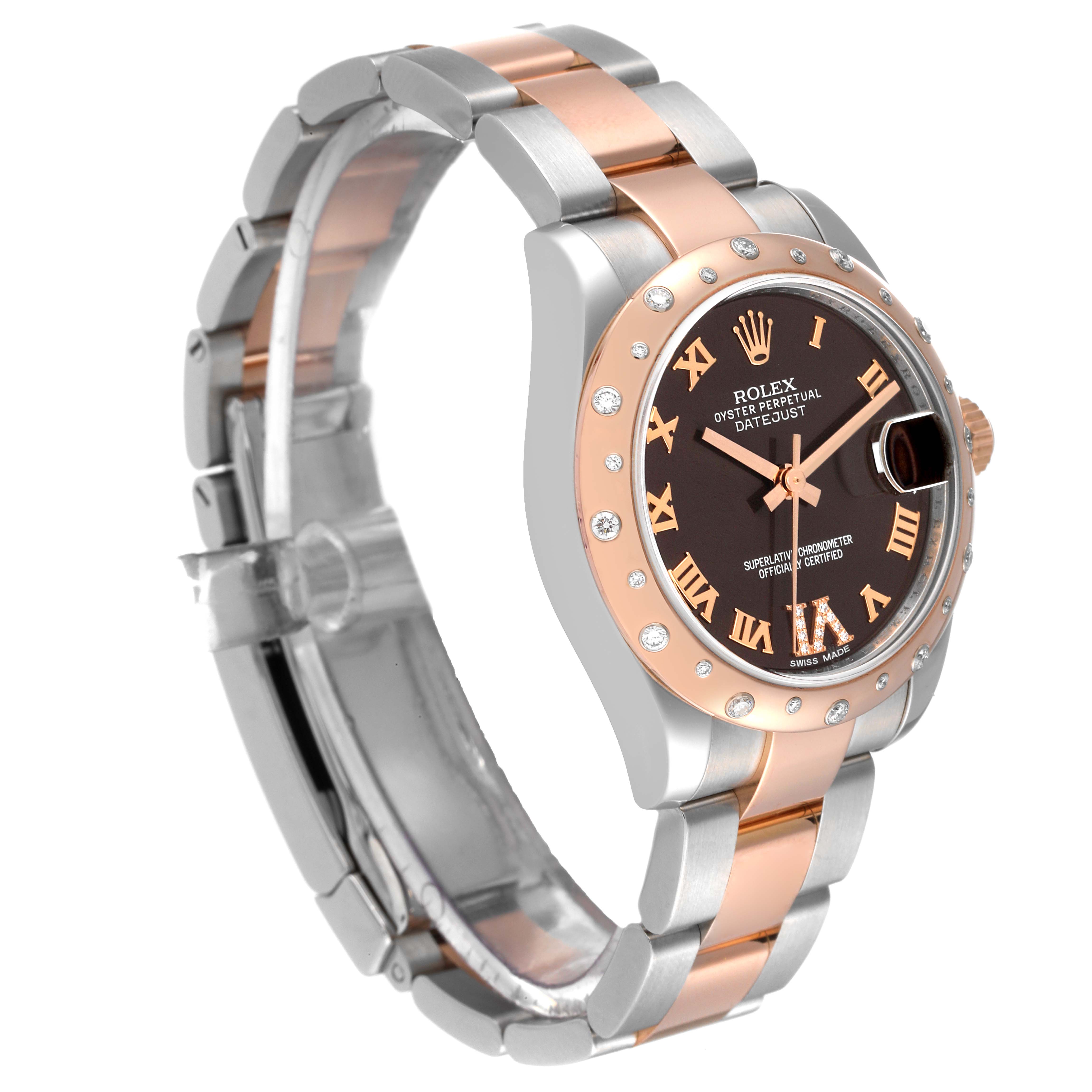 The image shows a Rolex Mid-Size 178341 Women's Steel and Gold (two tone) Brown Dial 178341 Women's Steel and Gold (two tone) Brown Dial Datejust watch at a 3/4 angle, highlighting its two-tone bracelet, bezel, and dial.