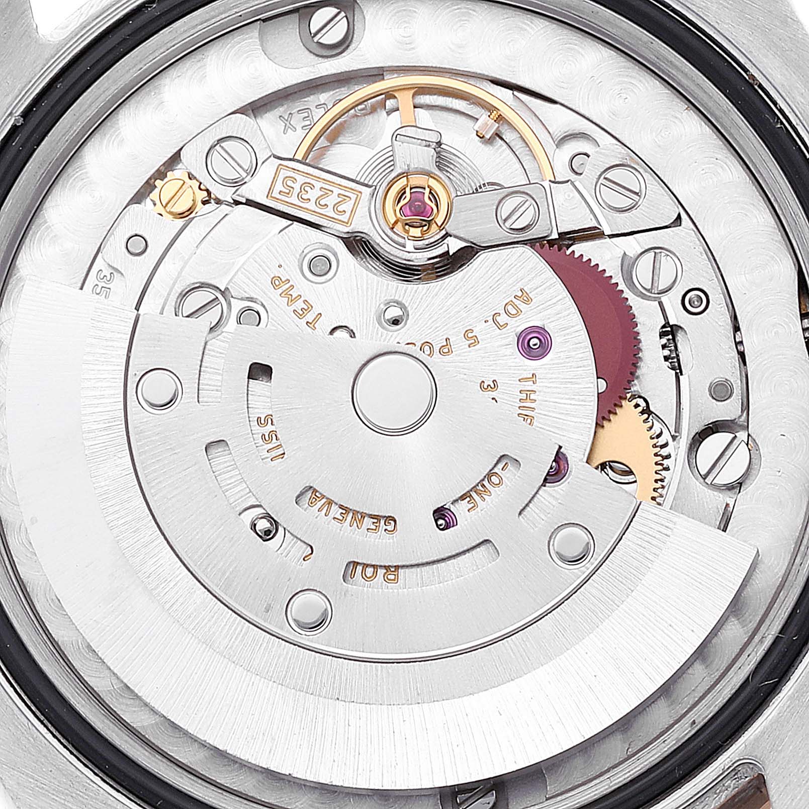 The image shows the movement and intricate inner mechanism of a Rolex Mid-Size 178341 Women's Steel and Gold (two tone) Brown Dial 178341 Women's Steel and Gold (two tone) Brown Dial watch from a top-down view.