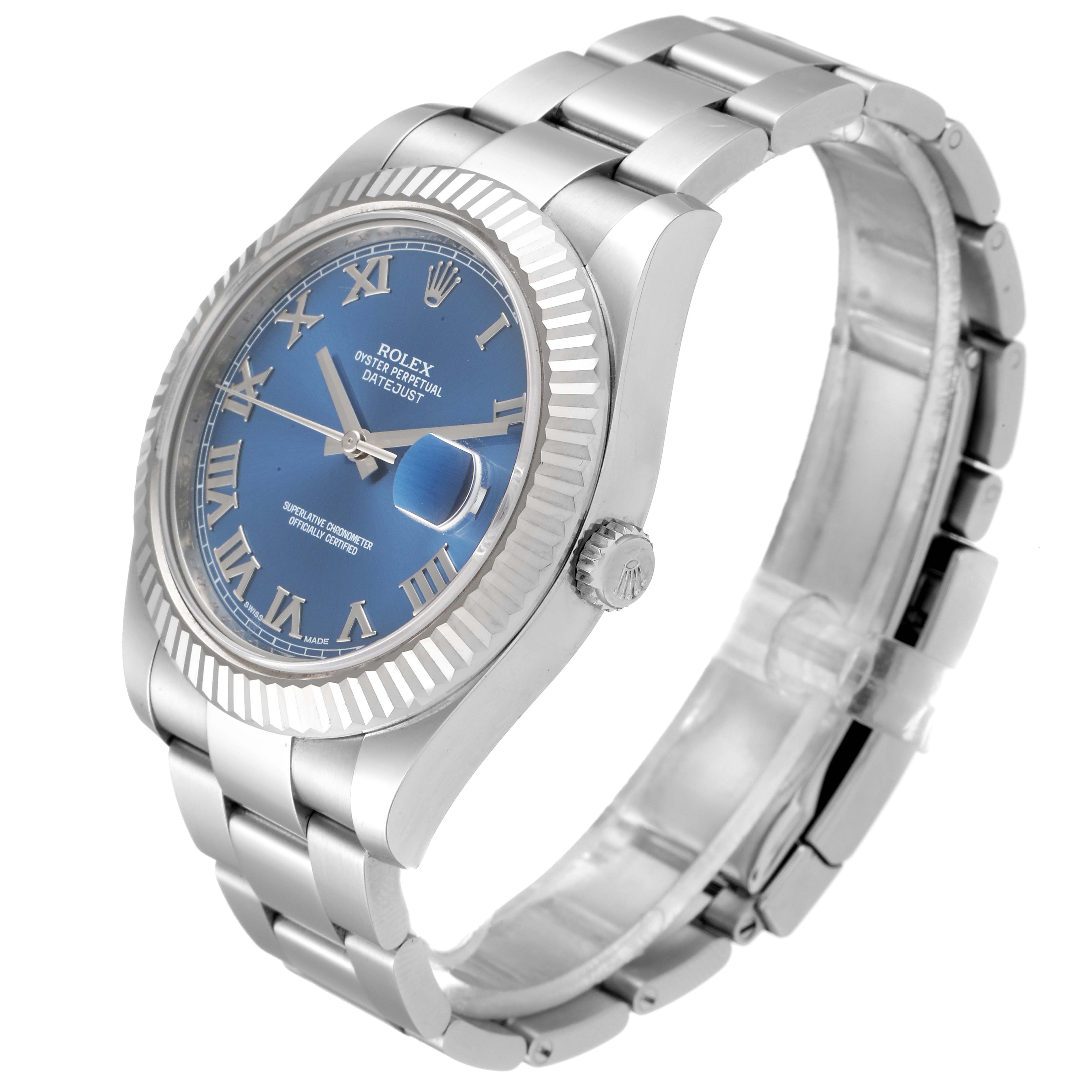 The Rolex Datejust 41 116334 Men's Stainless Steel Blue Dial 116334 Men's Stainless Steel Blue Dial is shown at a three-quarter view, highlighting its blue dial, Roman numerals, fluted bezel, and Jubilee bracelet.