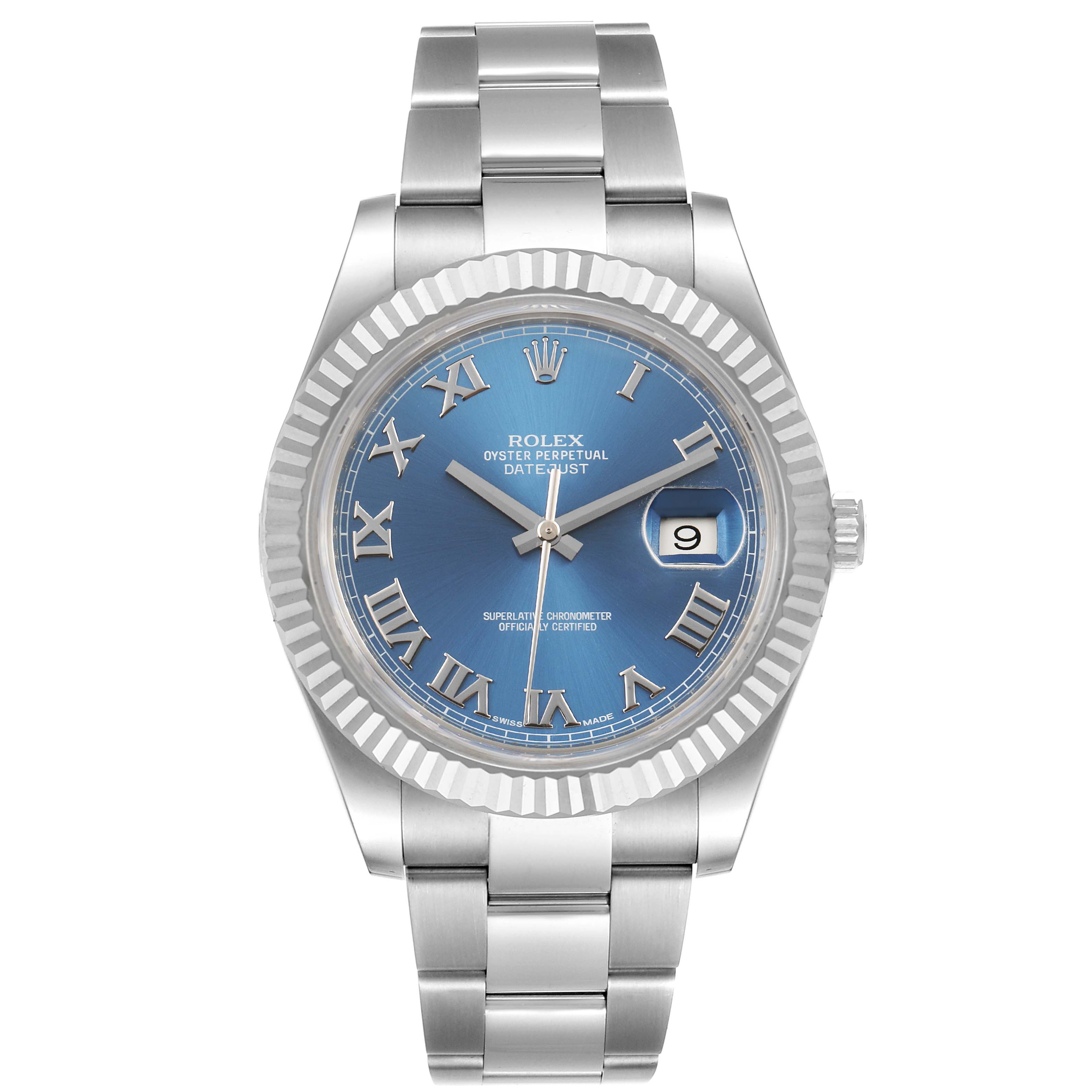 This is a front-facing image of the Rolex Datejust 41 116334 Men's Stainless Steel Blue Dial 116334 Men's Stainless Steel Blue Dial model watch, displaying its blue dial, date window, and stainless steel bracelet.