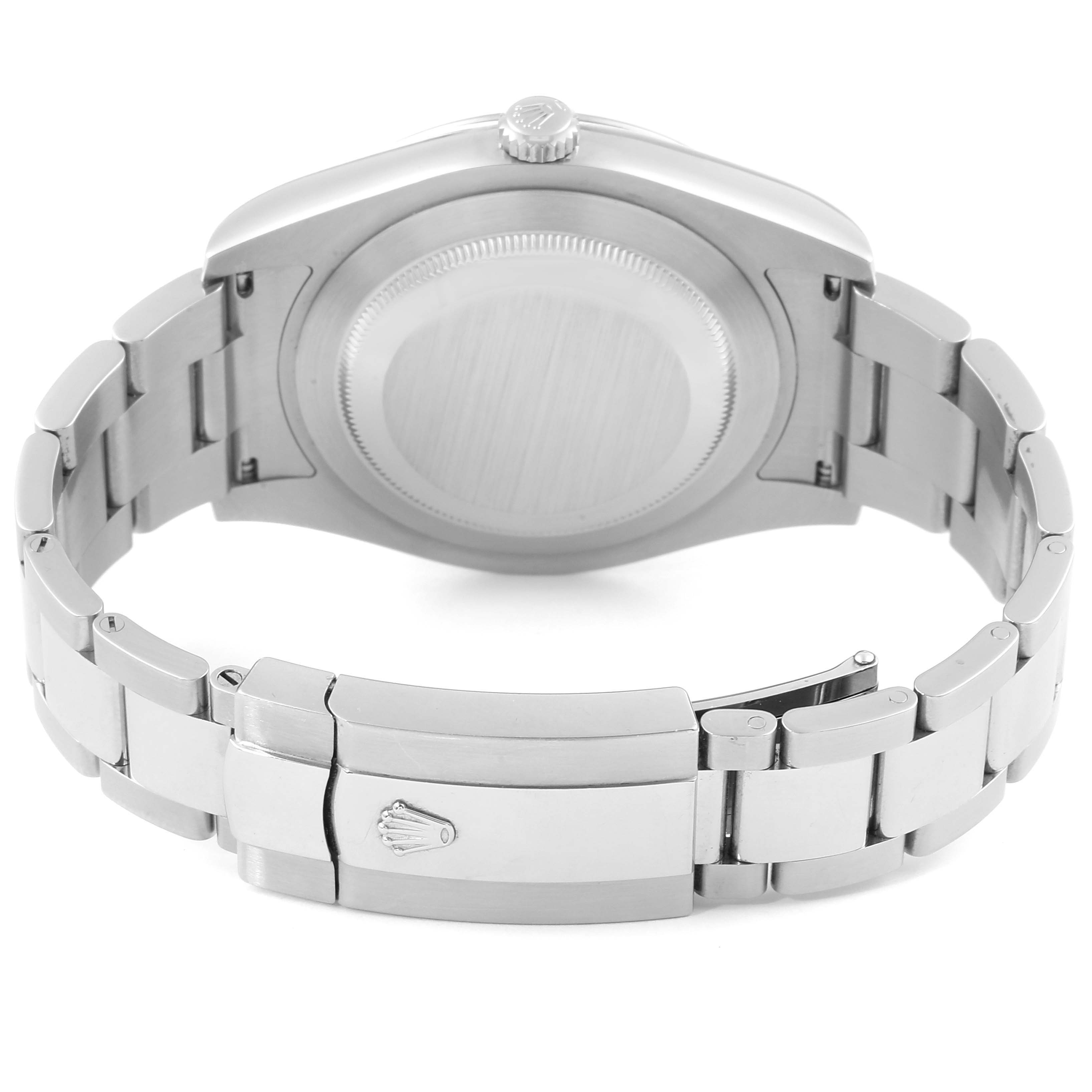 This image shows the back case and clasp of a Rolex Datejust 41 116334 Men's Stainless Steel Blue Dial 116334 Men's Stainless Steel Blue Dial watch.