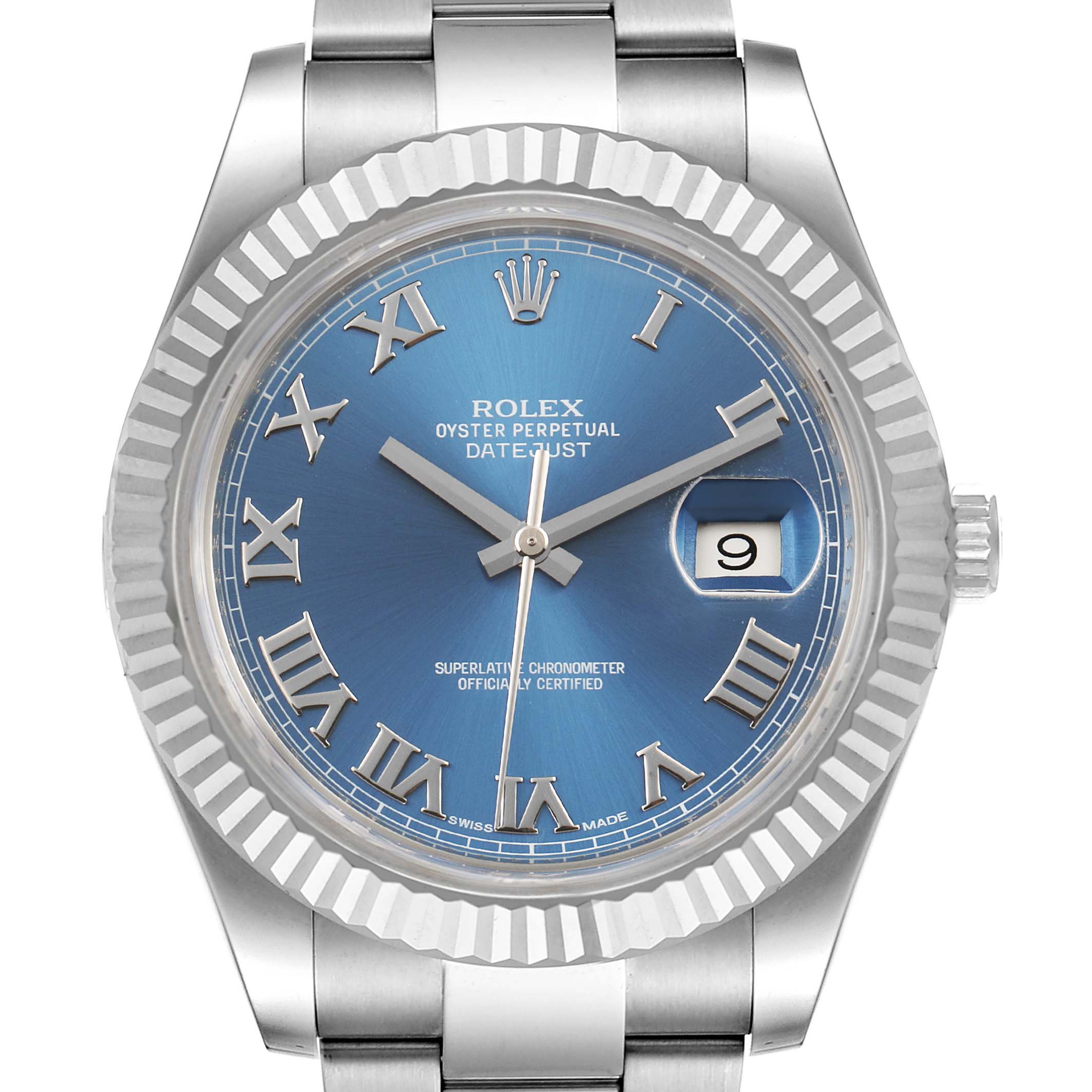 This image shows a front view of the Rolex Datejust 41 116334 Men's Stainless Steel Blue Dial 116334 Men's Stainless Steel Blue Dial watch, featuring a blue dial, Roman numerals, and a date window.