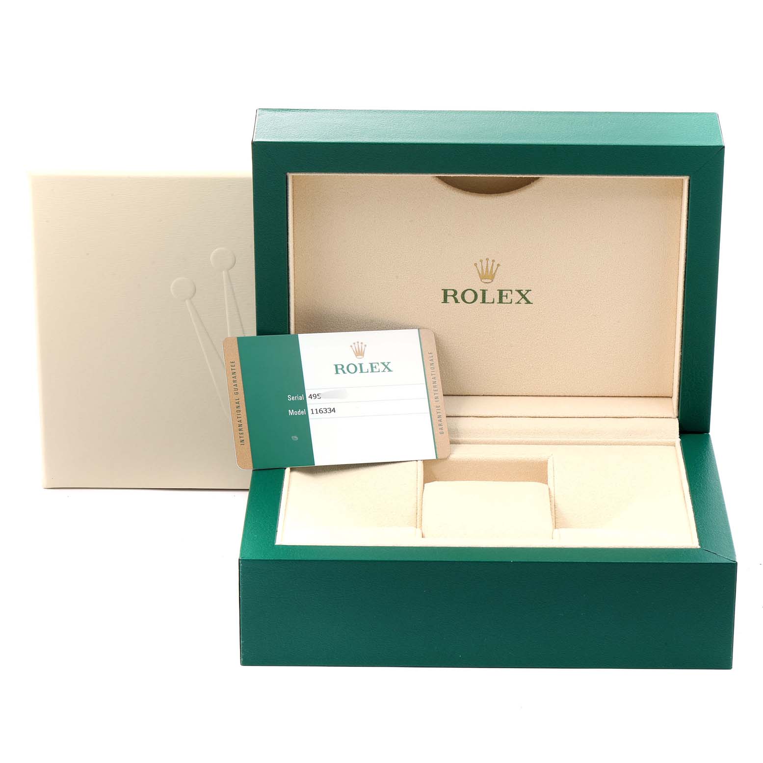 The image shows the packaging and a serial/model card for a Rolex Datejust 41 116334 Men's Stainless Steel Blue Dial 116334 Men's Stainless Steel Blue Dial, featuring a green box and beige interior.