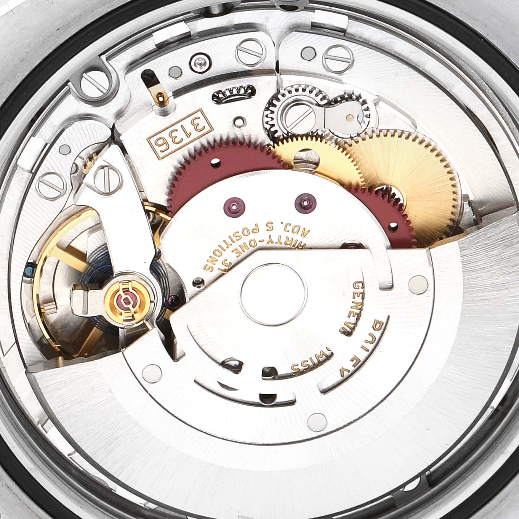 This close-up image shows the intricate internal mechanism of the Rolex Datejust 41 116334 Men's Stainless Steel Blue Dial 116334 Men's Stainless Steel Blue Dial watch.