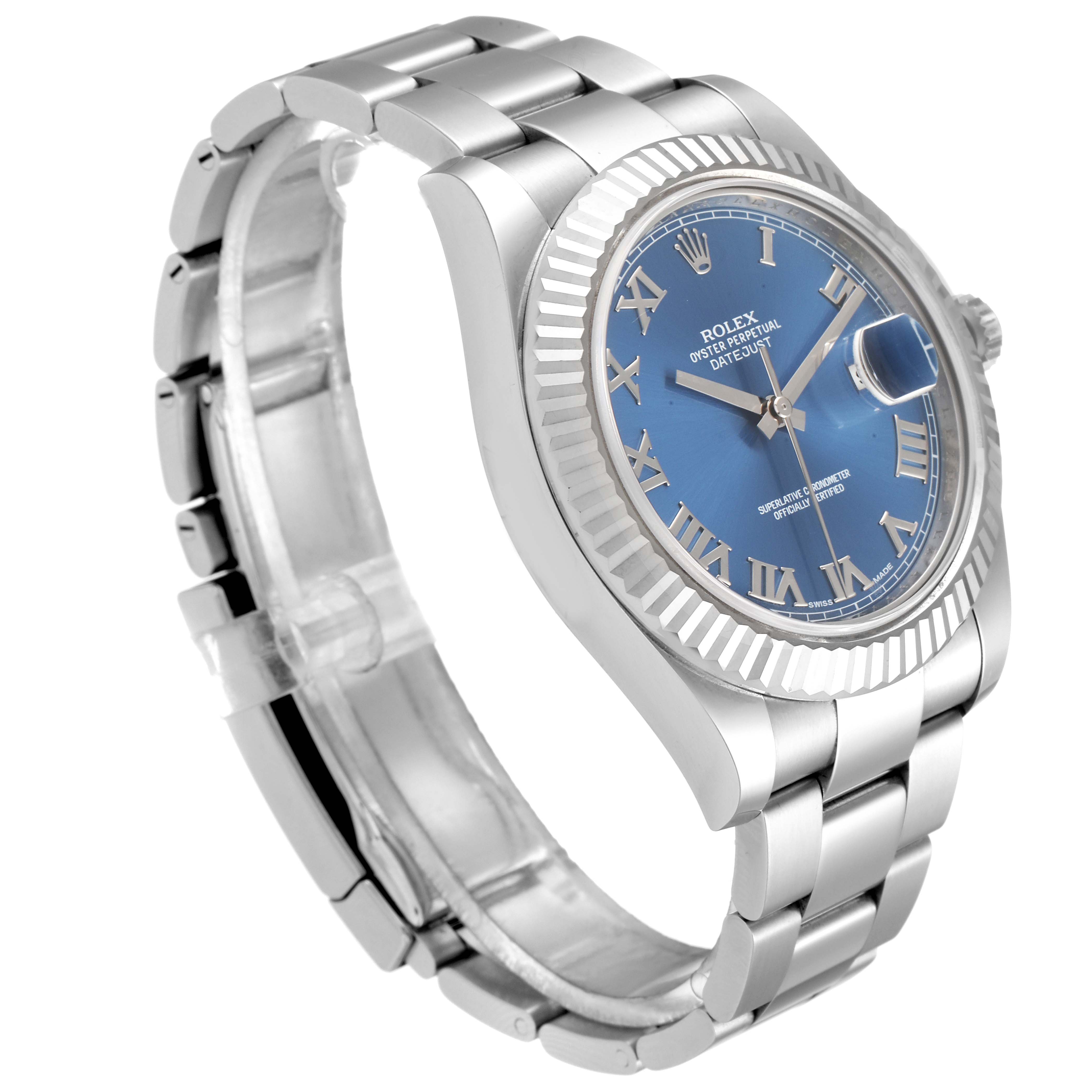 The Rolex Datejust 41 116334 Men's Stainless Steel Blue Dial 116334 Men's Stainless Steel Blue Dial is shown at an oblique angle, displaying the bracelet, bezel, and blue dial with Roman numerals.