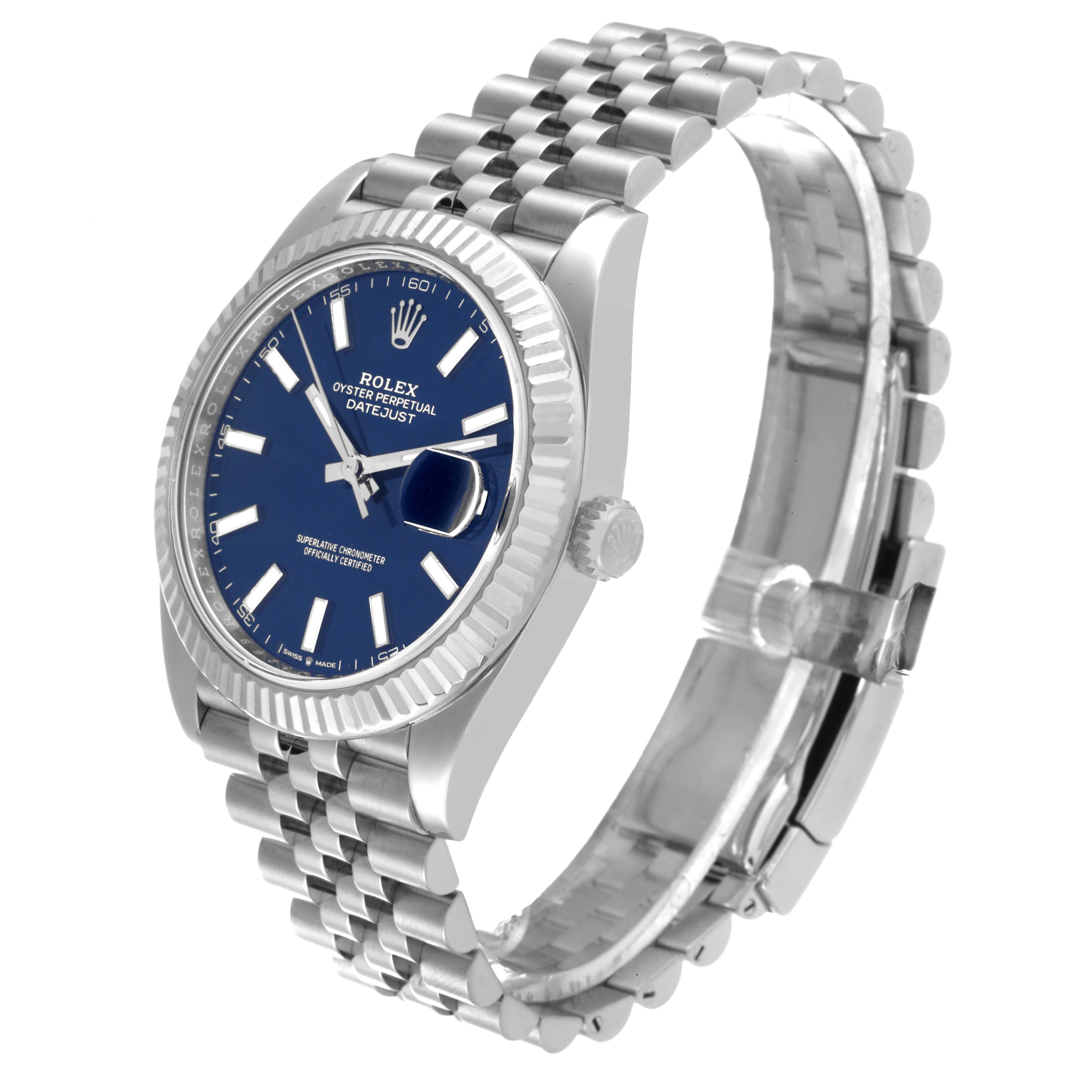 The image shows a Rolex Datejust 41 126334 Men's Stainless Steel Blue Dial 126334 Men's Stainless Steel Blue Dial watch at a slight angle, highlighting the blue dial, fluted bezel, and jubilee bracelet.