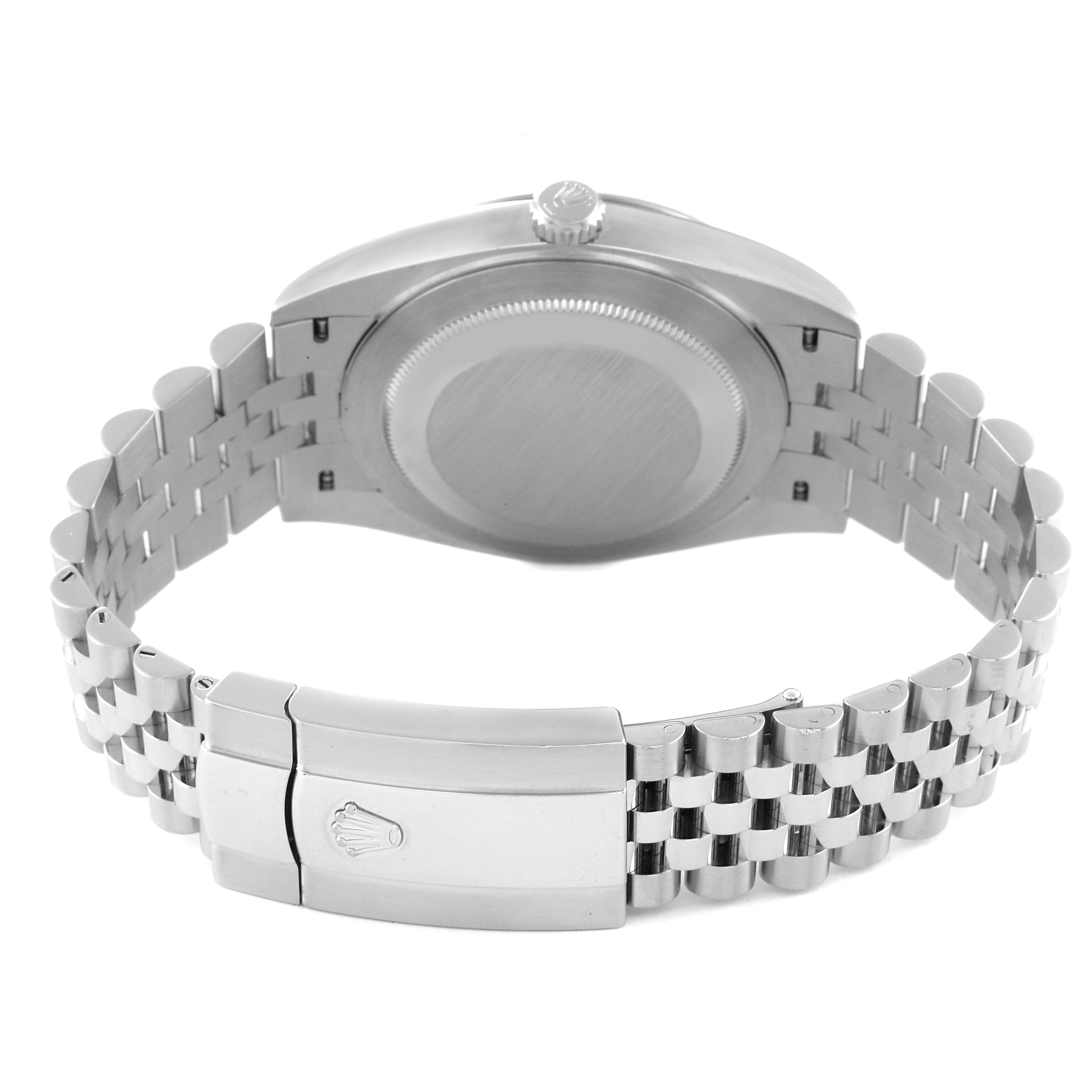 This image shows the back case and the bracelet clasp of a Rolex Datejust 41 126334 Men's Stainless Steel Blue Dial 126334 Men's Stainless Steel Blue Dial model watch from a rear angle.