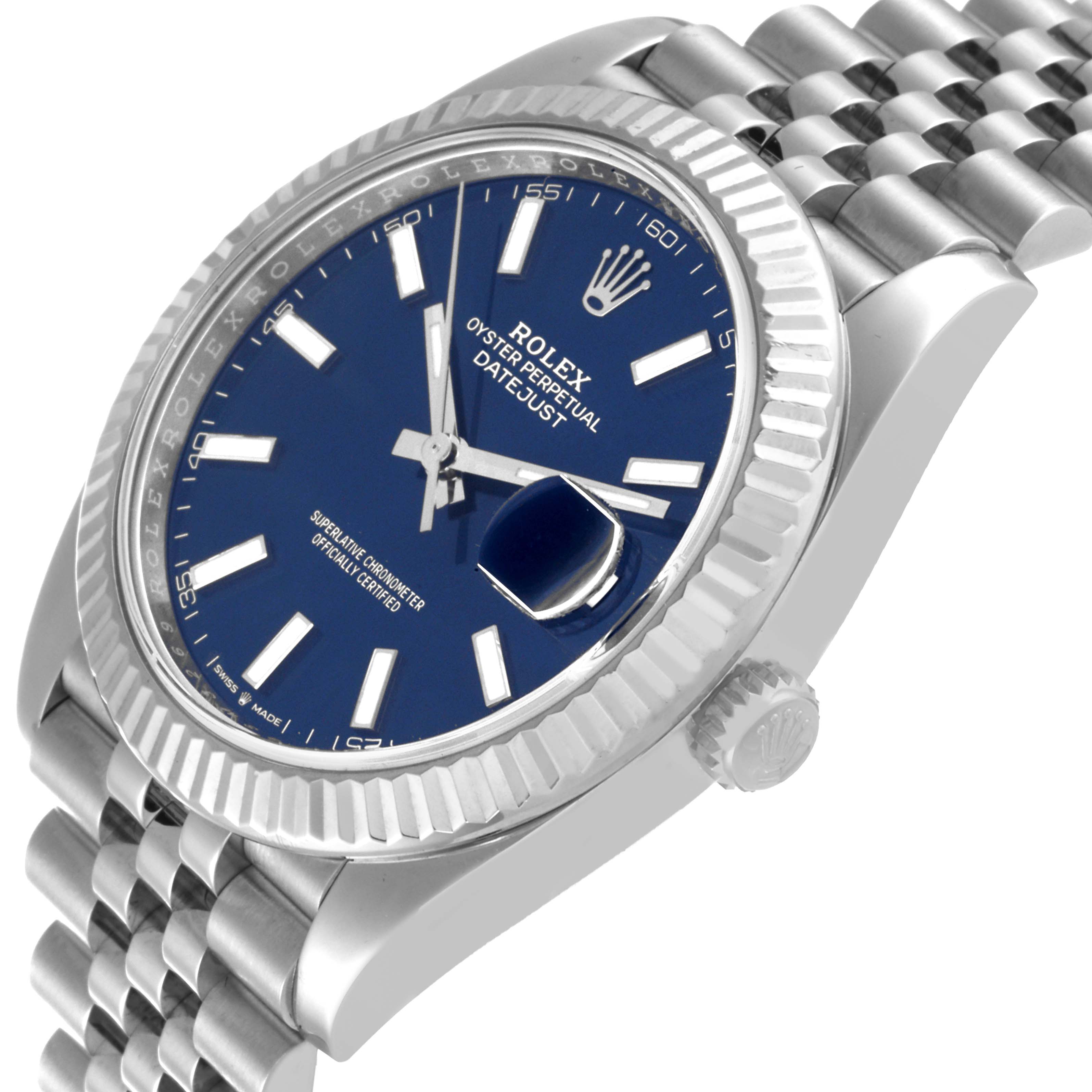 The image displays a side angle of the Rolex Datejust 41 126334 Men's Stainless Steel Blue Dial 126334 Men's Stainless Steel Blue Dial, highlighting the bezel, dial, crown, and part of the bracelet.
