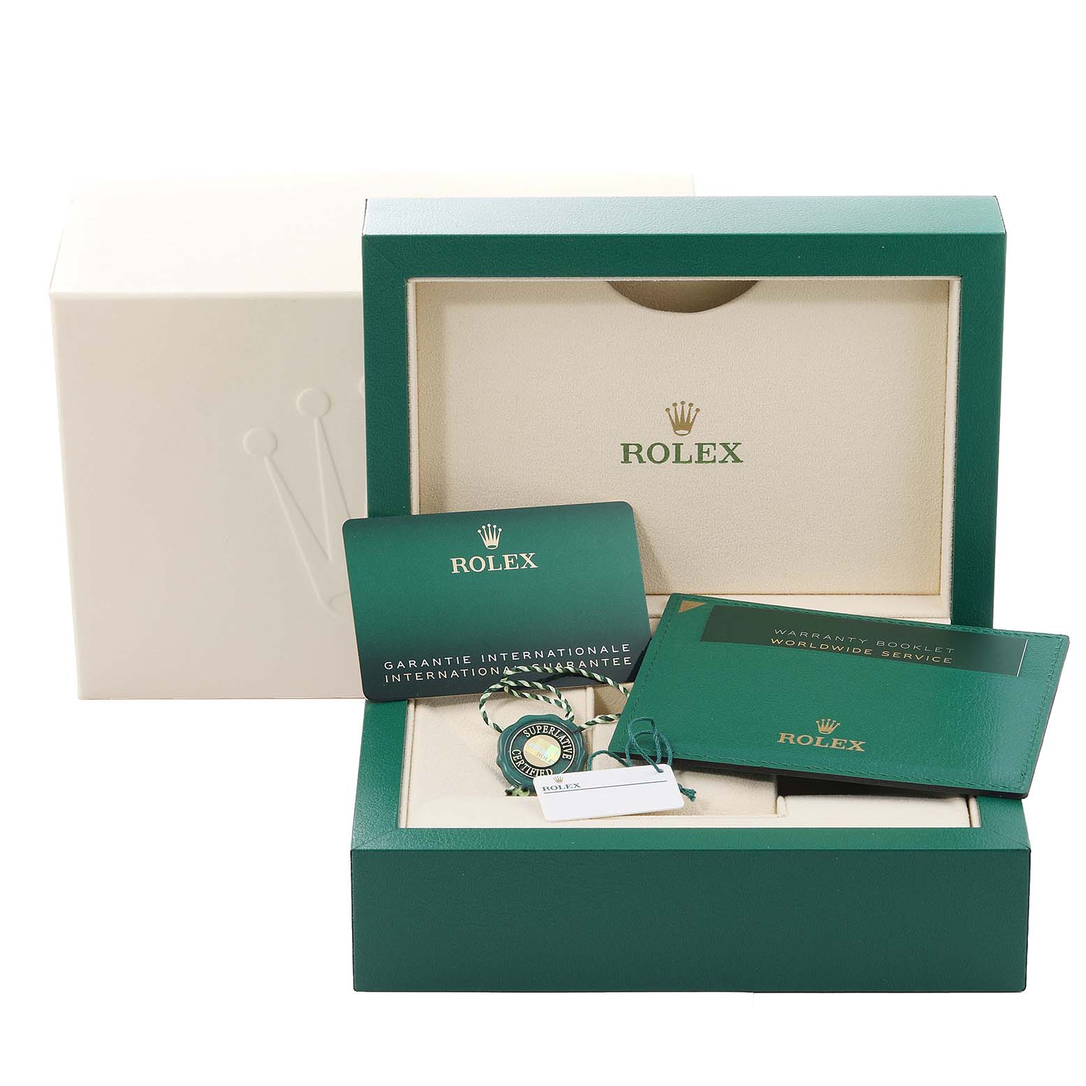 This image shows the packaging, warranty card, booklet, and accessories of a Rolex Datejust 41 126334 Men's Stainless Steel Blue Dial 126334 Men's Stainless Steel Blue Dial model watch from a front angle.