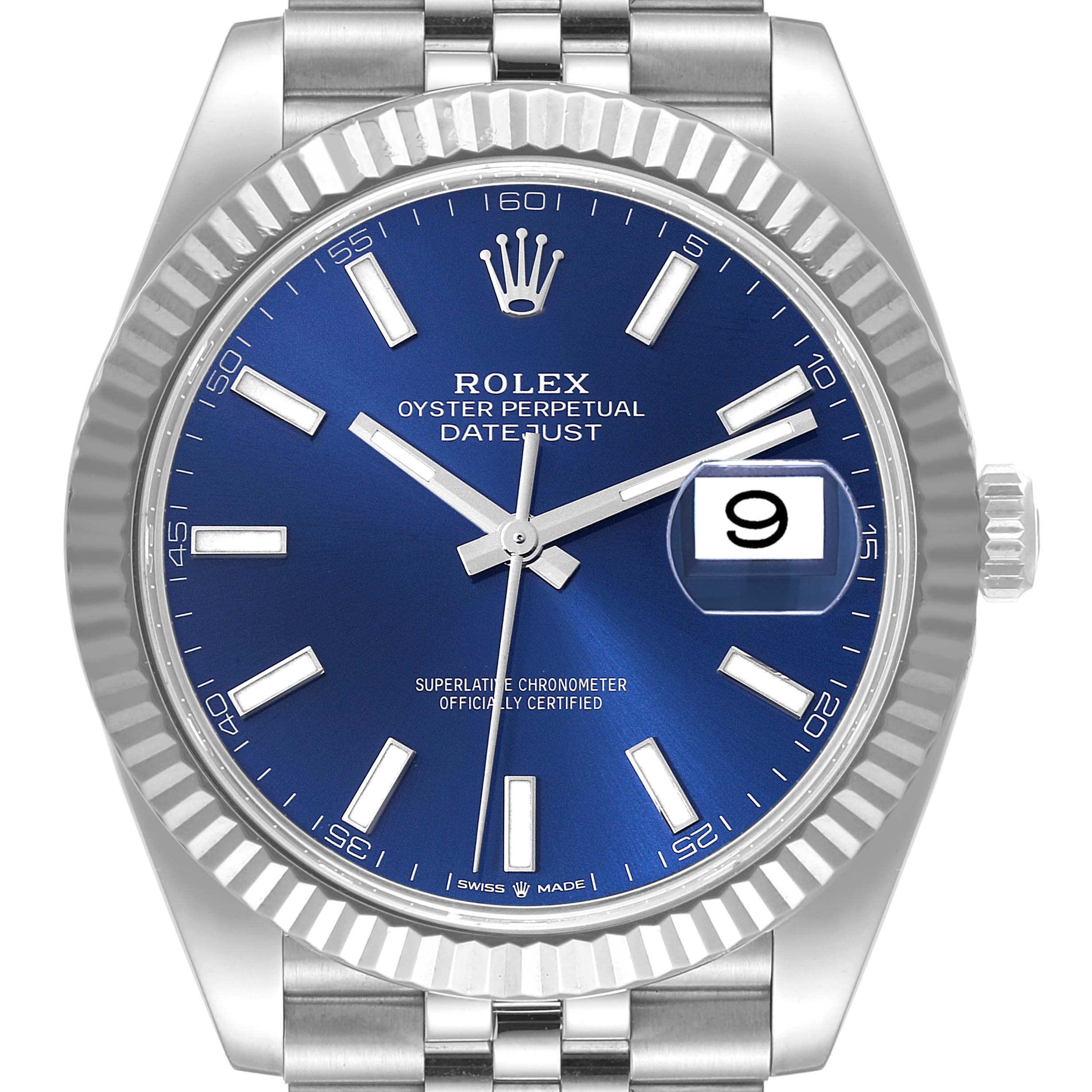 The image shows a frontal view of the Rolex Datejust 41 126334 Men's Stainless Steel Blue Dial 126334 Men's Stainless Steel Blue Dial watch, highlighting its blue dial, fluted bezel, date window, and metal bracelet.