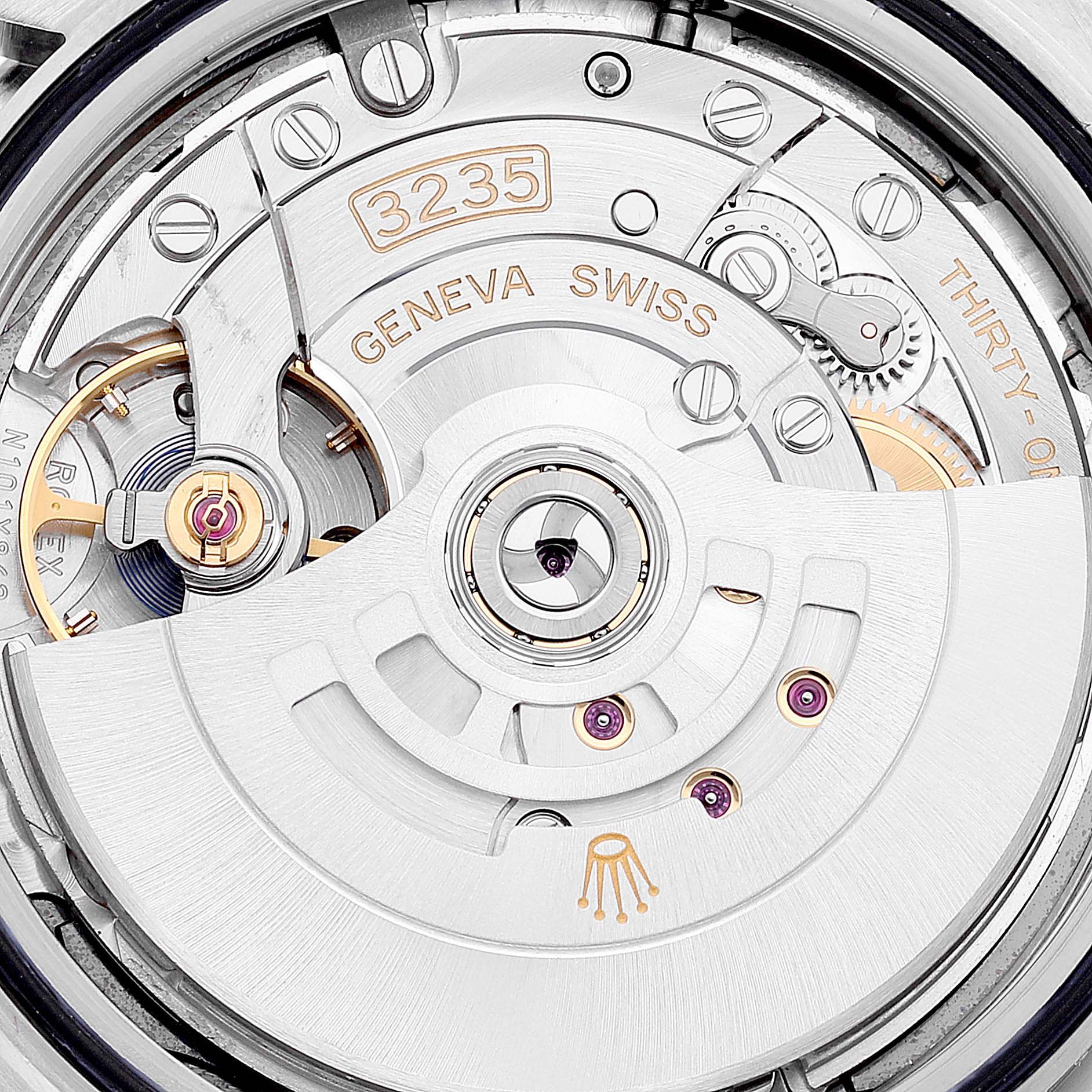 This close-up image shows the intricate mechanical movement of the Rolex Datejust 41 126334 Men's Stainless Steel Blue Dial 126334 Men's Stainless Steel Blue Dial watch.