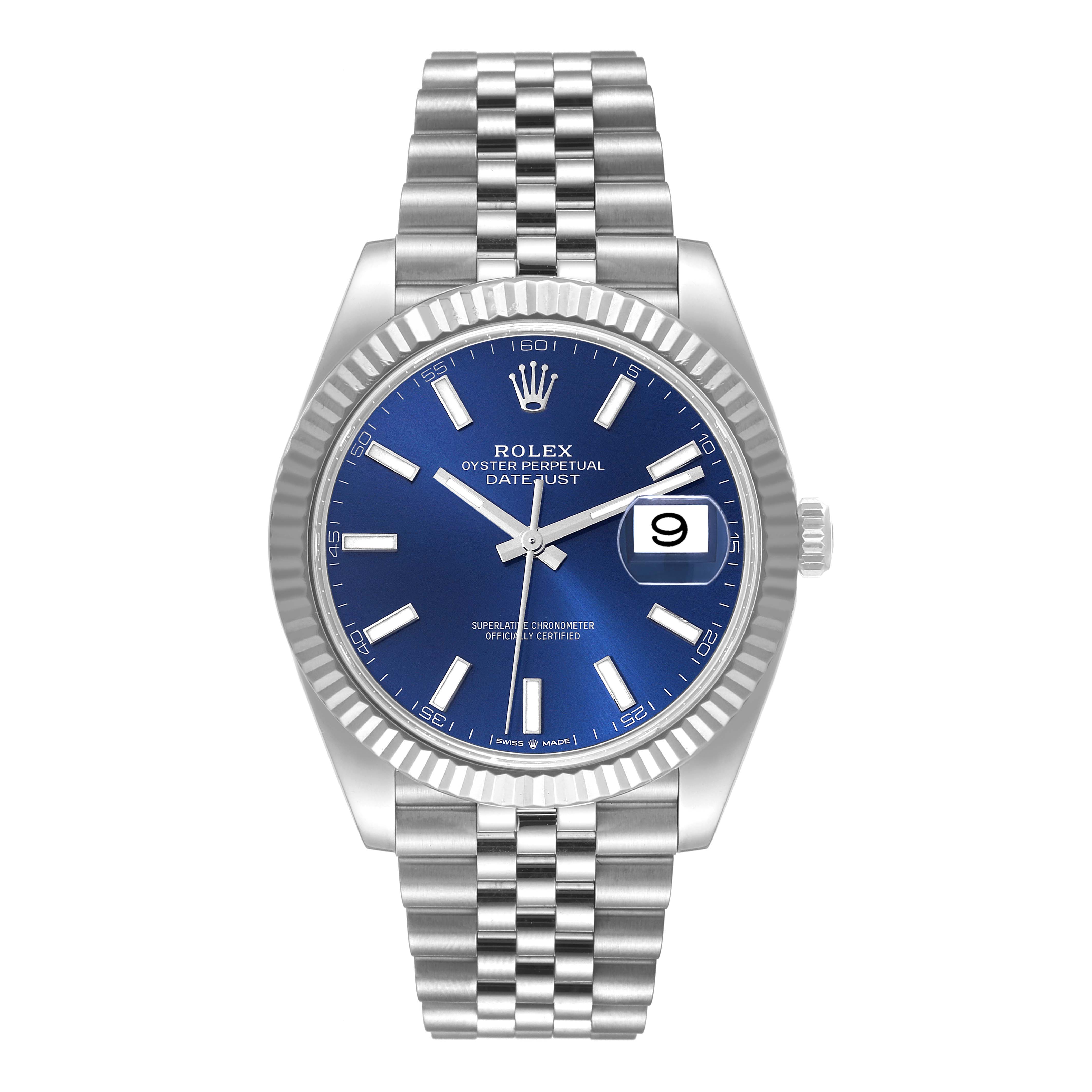 The image shows a front view of a Rolex Datejust 41 126334 Men's Stainless Steel Blue Dial 126334 Men's Stainless Steel Blue Dial watch featuring a blue dial and a Jubilee bracelet.