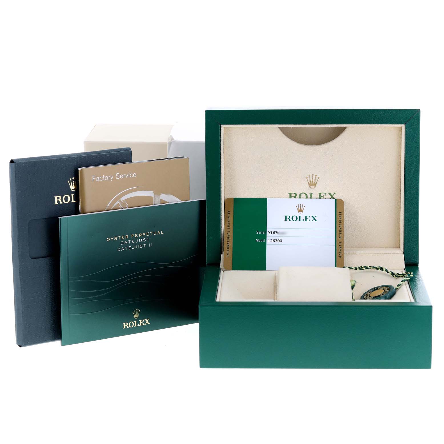 The image shows the packaging and accessories for a Rolex Datejust 41 126300 Men
s Stainless Steel White Dial 126300 Men
s Stainless Steel White Dial, including the box, warranty card, and booklets.