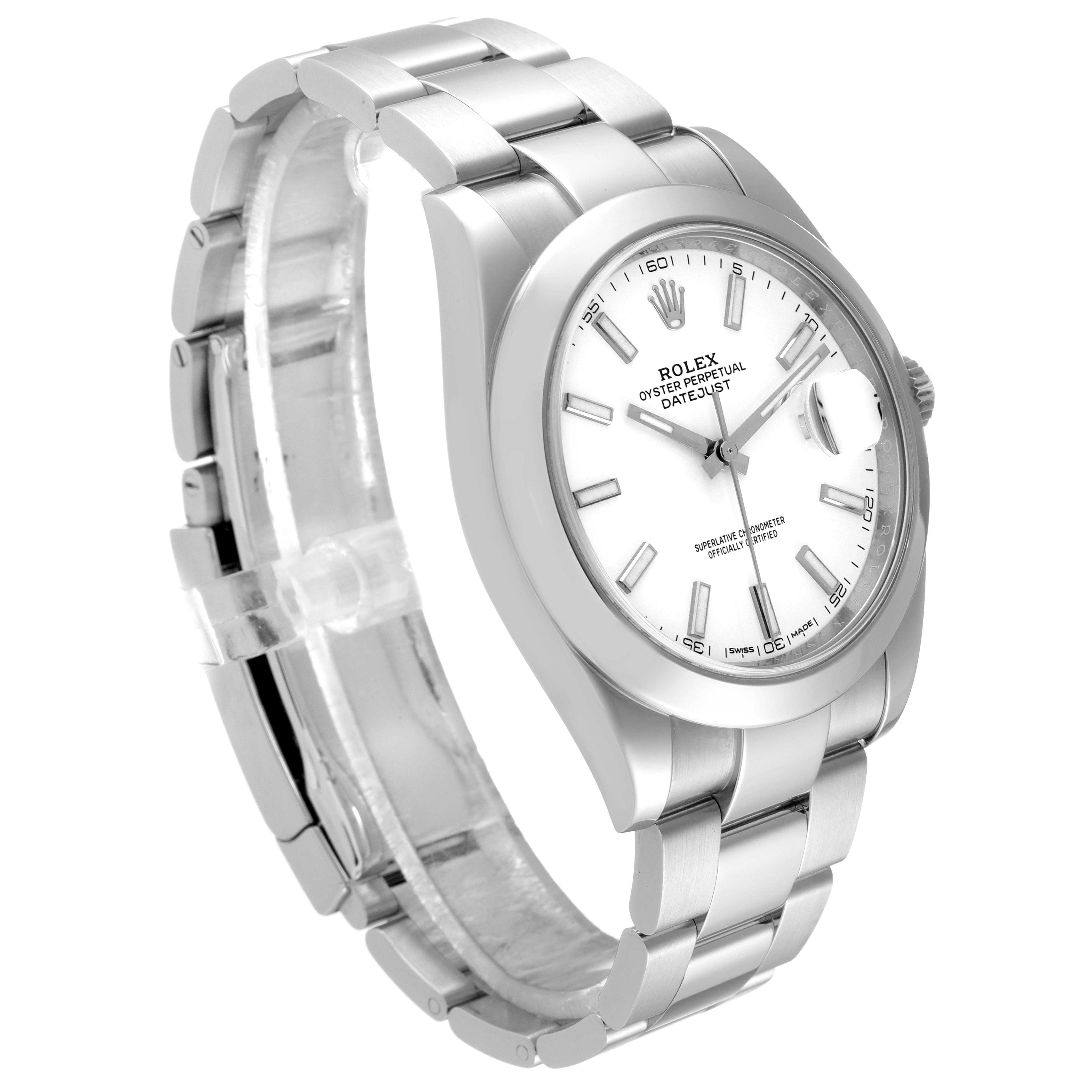This image shows a Rolex Datejust 41 126300 Men
s Stainless Steel White Dial 126300 Men
s Stainless Steel White Dial watch from an angled side view, highlighting its bracelet, clasp, and white dial.