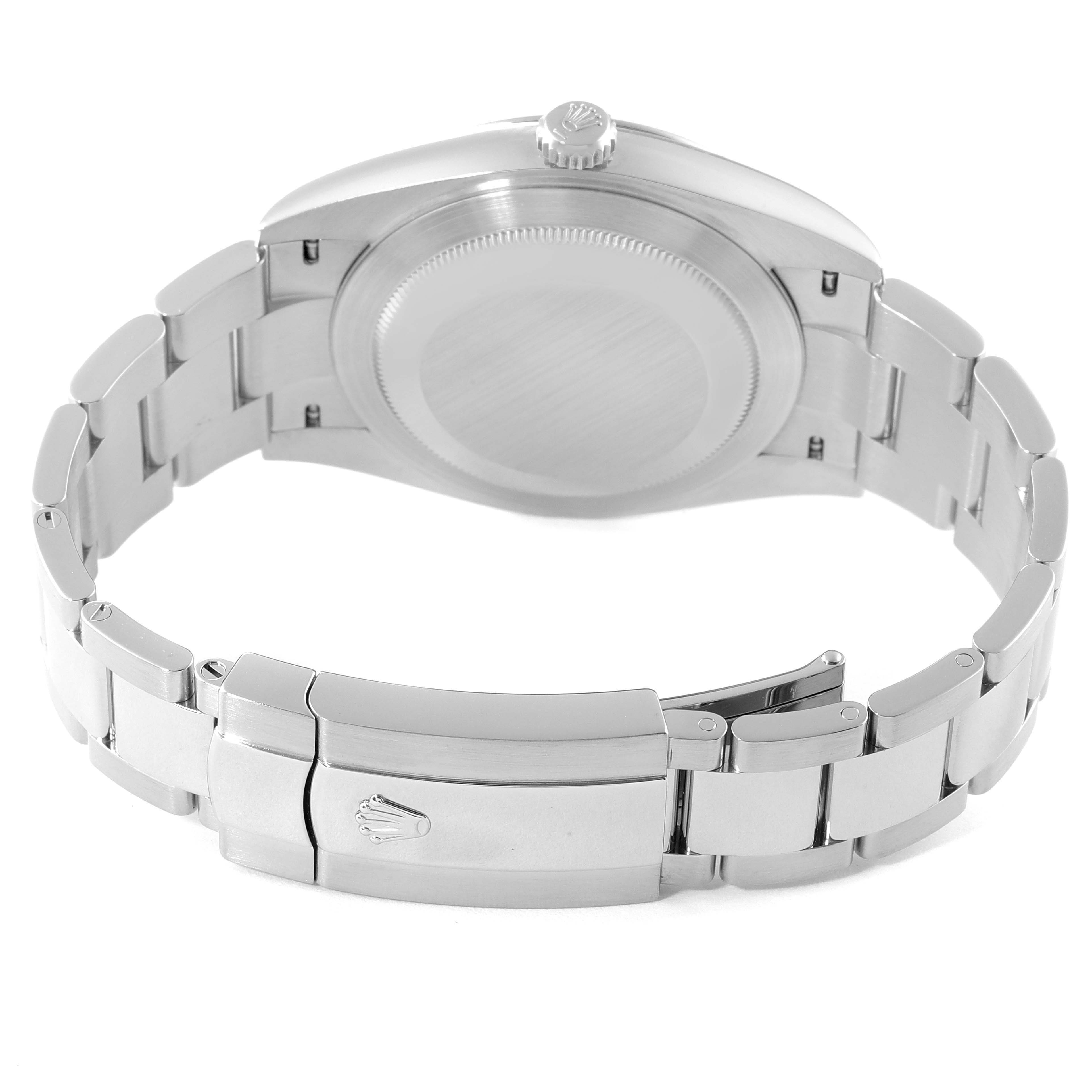 The image shows the back view of the Rolex Datejust 41 126300 Men
s Stainless Steel White Dial 126300 Men
s Stainless Steel White Dial watch, highlighting its case, crown, and bracelet with clasp.