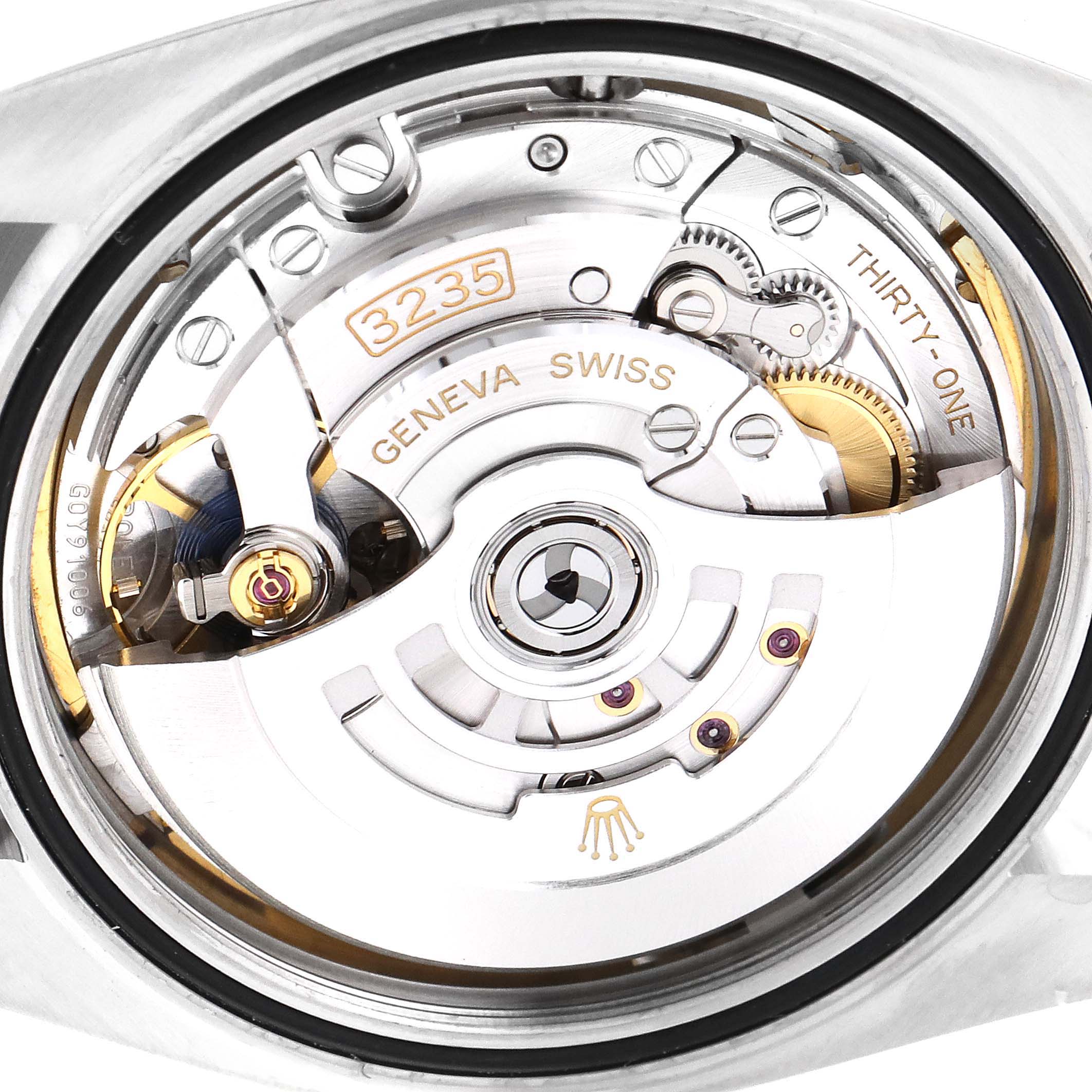The image shows the movement mechanism of a Rolex Datejust 41 126300 Men
s Stainless Steel White Dial 126300 Men
s Stainless Steel White Dial watch from a back view.