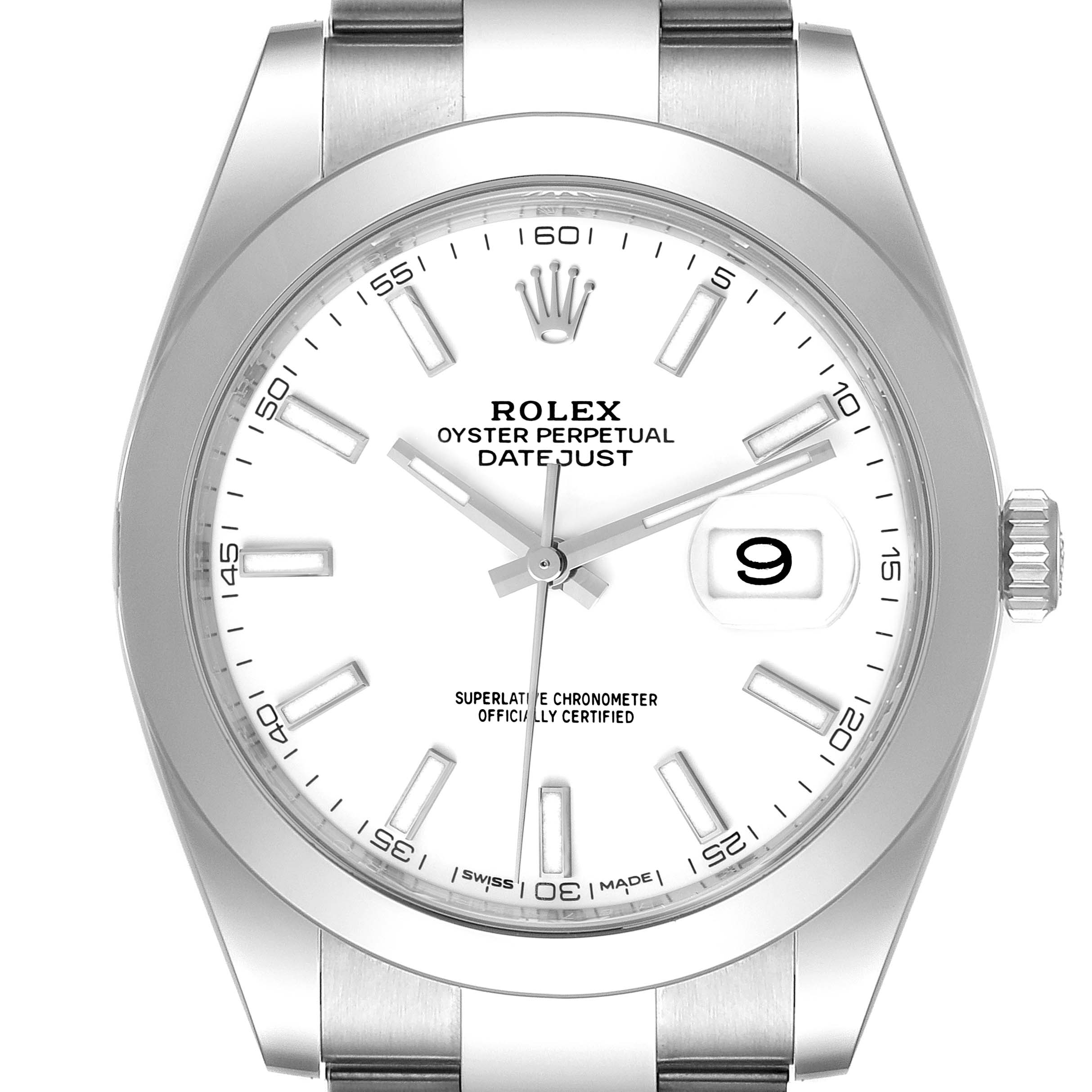 This is a close-up image of the Rolex Datejust 41 126300 Men
s Stainless Steel White Dial 126300 Men
s Stainless Steel White Dial watch, showing the dial, hands, markers, date window, and crown.