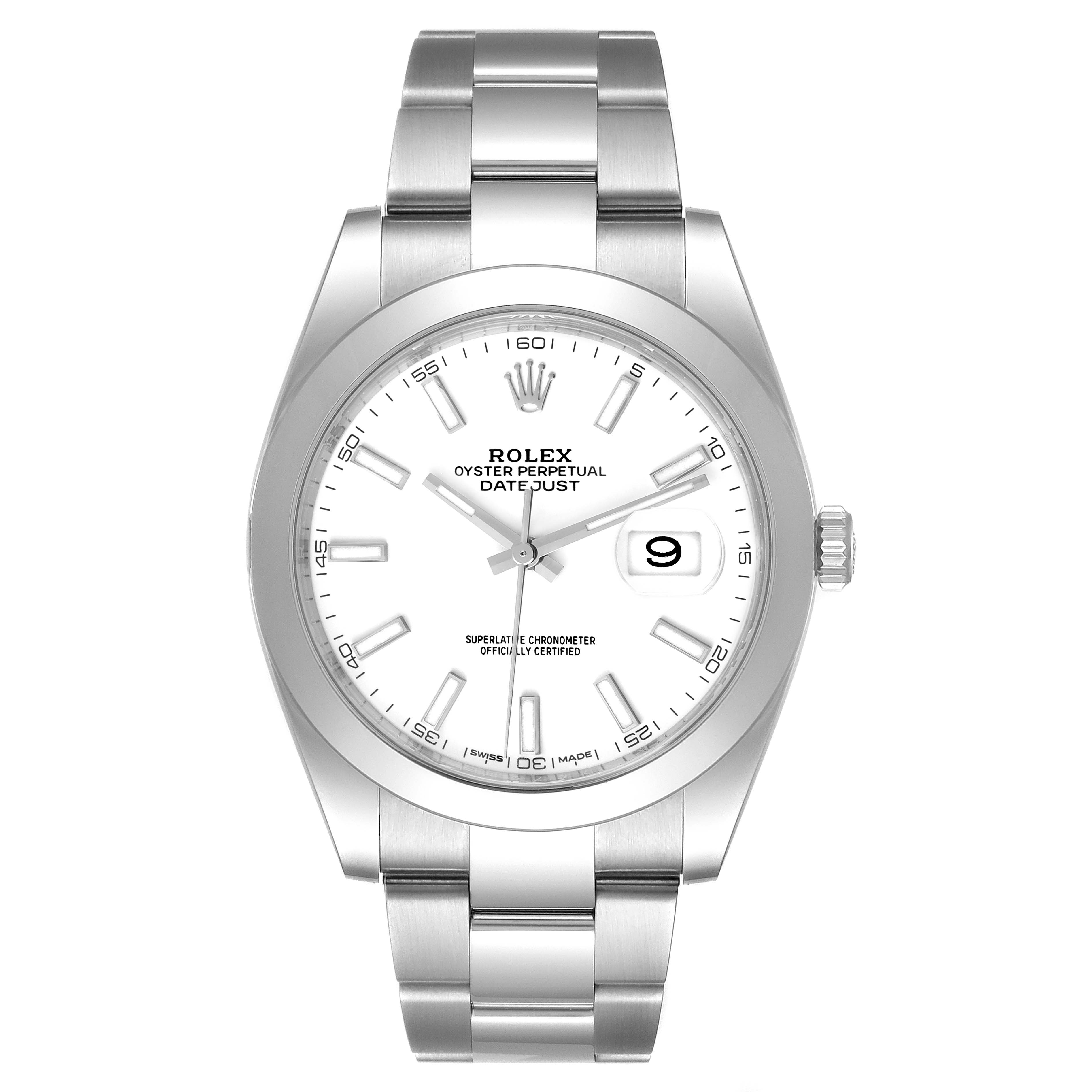 This image shows a front view of a Rolex Datejust 41 126300 Men
s Stainless Steel White Dial 126300 Men
s Stainless Steel White Dial watch, highlighting its dial, bezel, hands, bracelet, and date window.