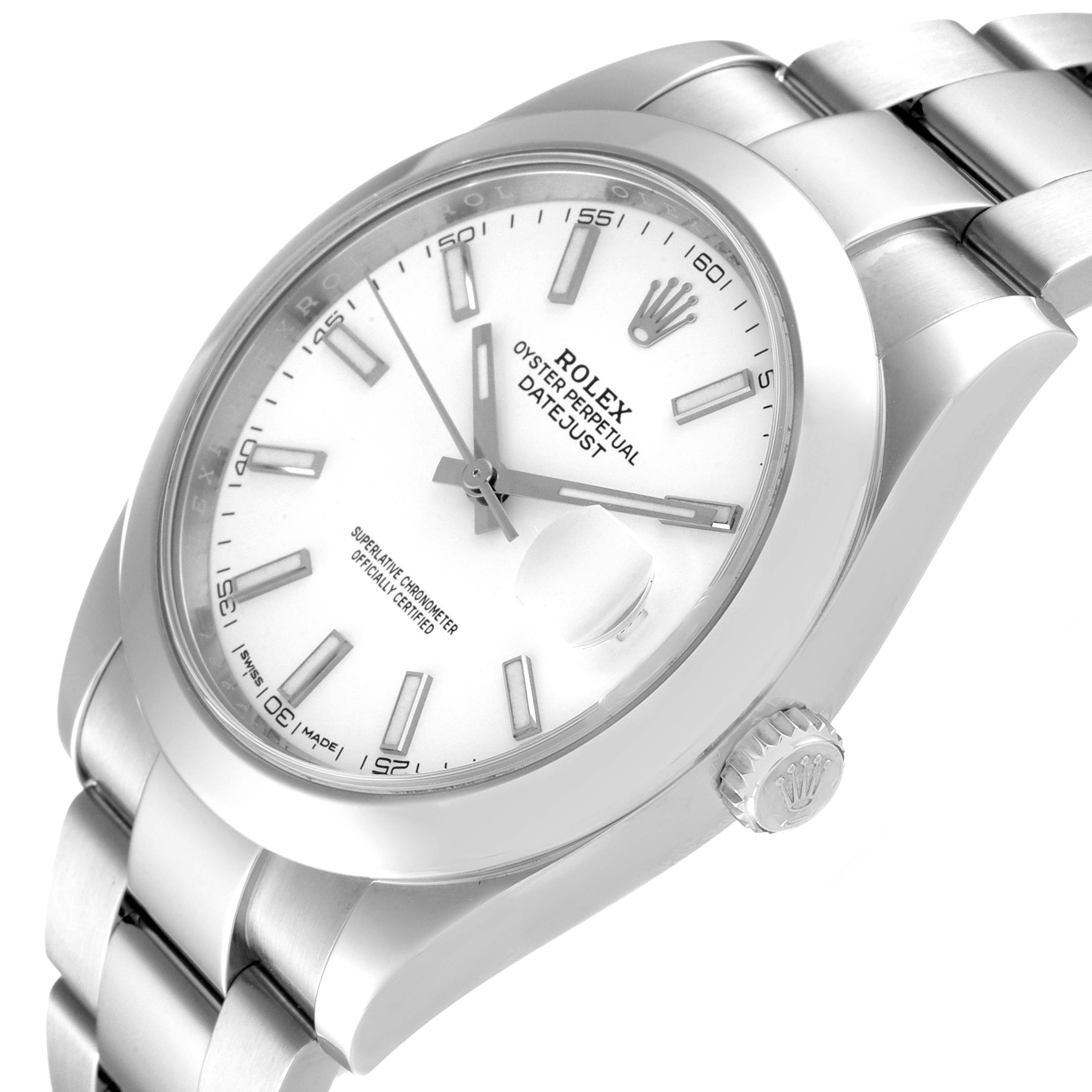 The Rolex Datejust 41 126300 Men
s Stainless Steel White Dial 126300 Men
s Stainless Steel White Dial watch is shown from an angled perspective highlighting the dial, case, crown, and part of the bracelet.