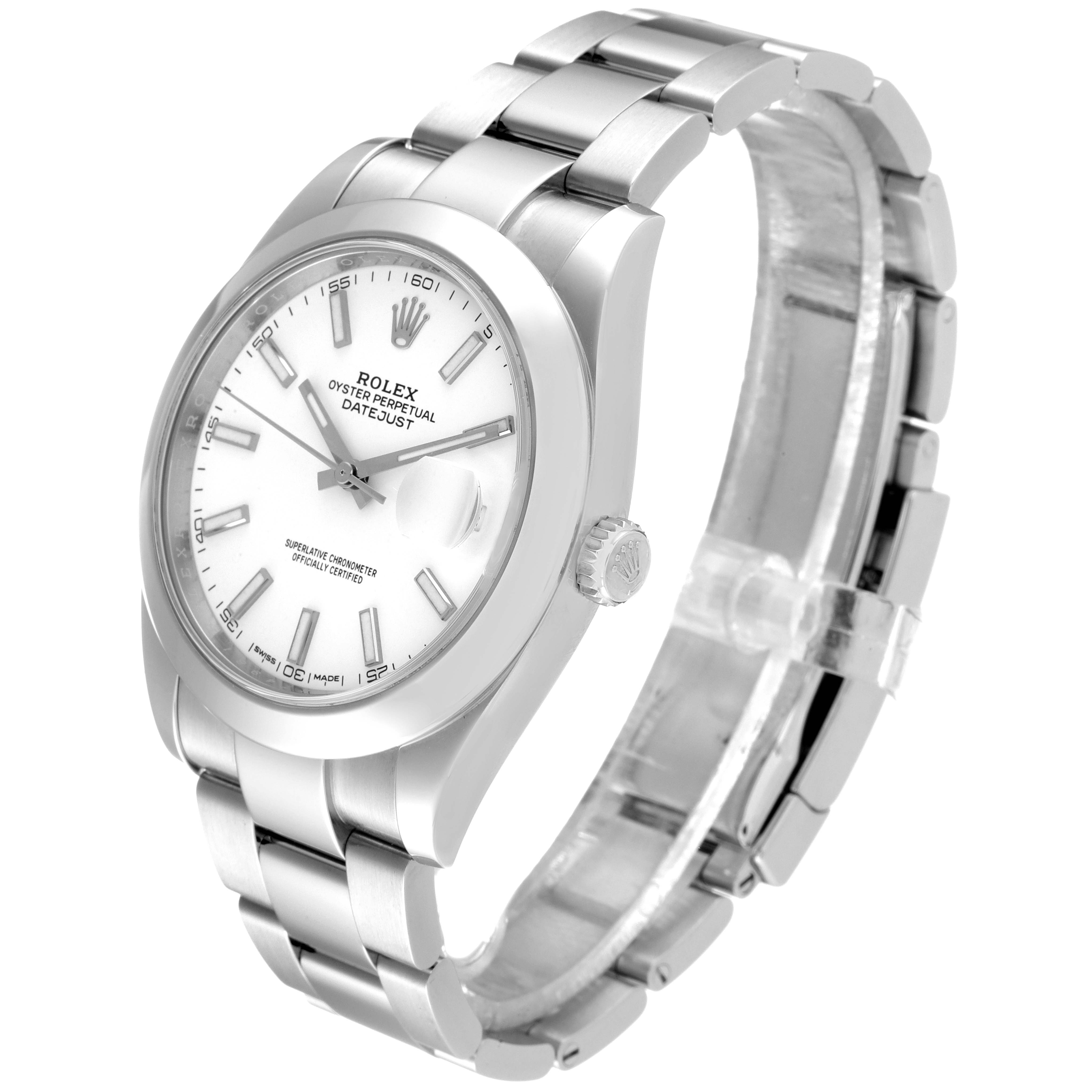 The Rolex Datejust 41 126300 Men
s Stainless Steel White Dial 126300 Men
s Stainless Steel White Dial watch is shown at an angled side view, displaying the face, crown, and part of the bracelet.
