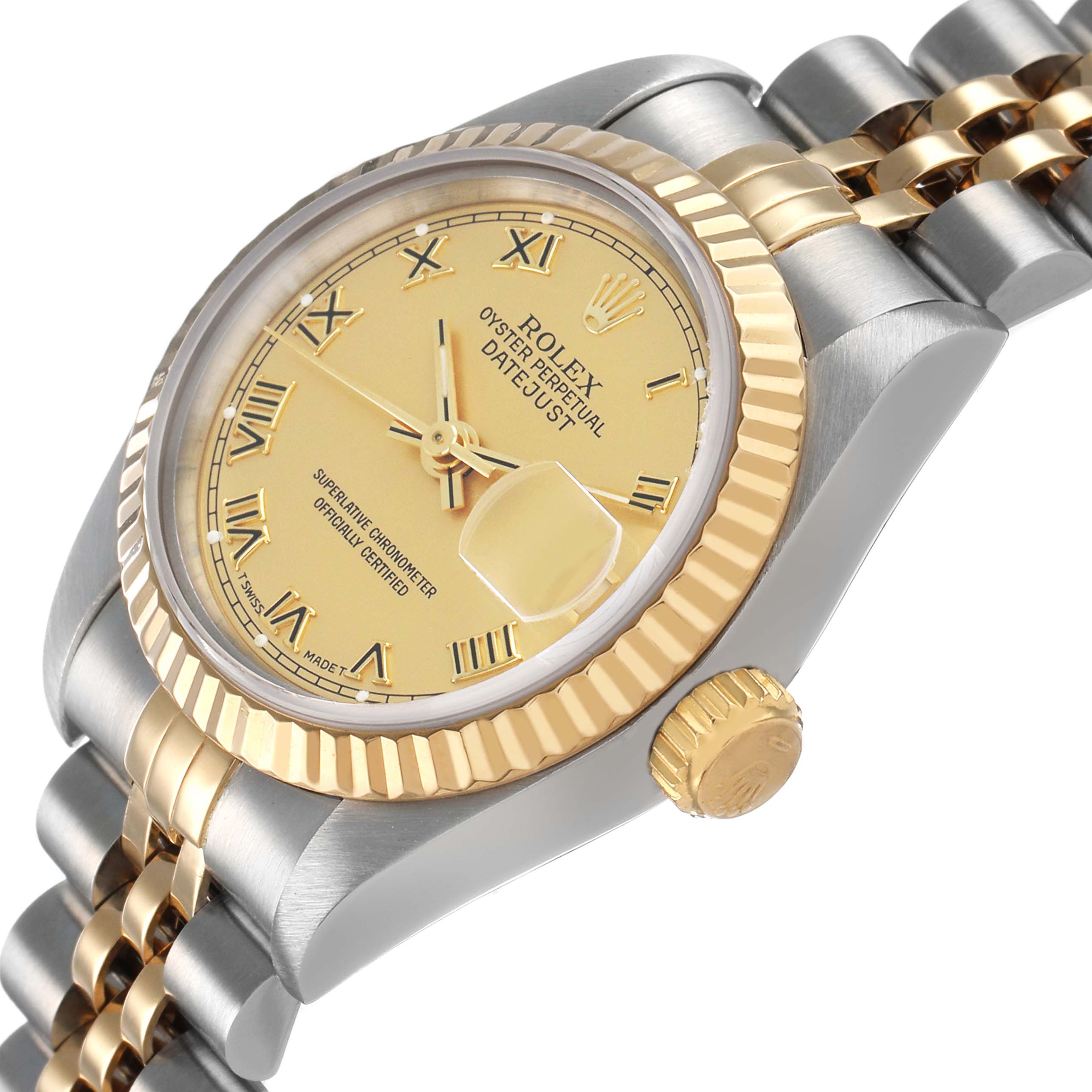 The Rolex Datejust 69173 Women's Steel and Gold (two tone) Champagne Dial watch is shown at an angle highlighting the fluted bezel, crown, and part of the Jubilee bracelet.