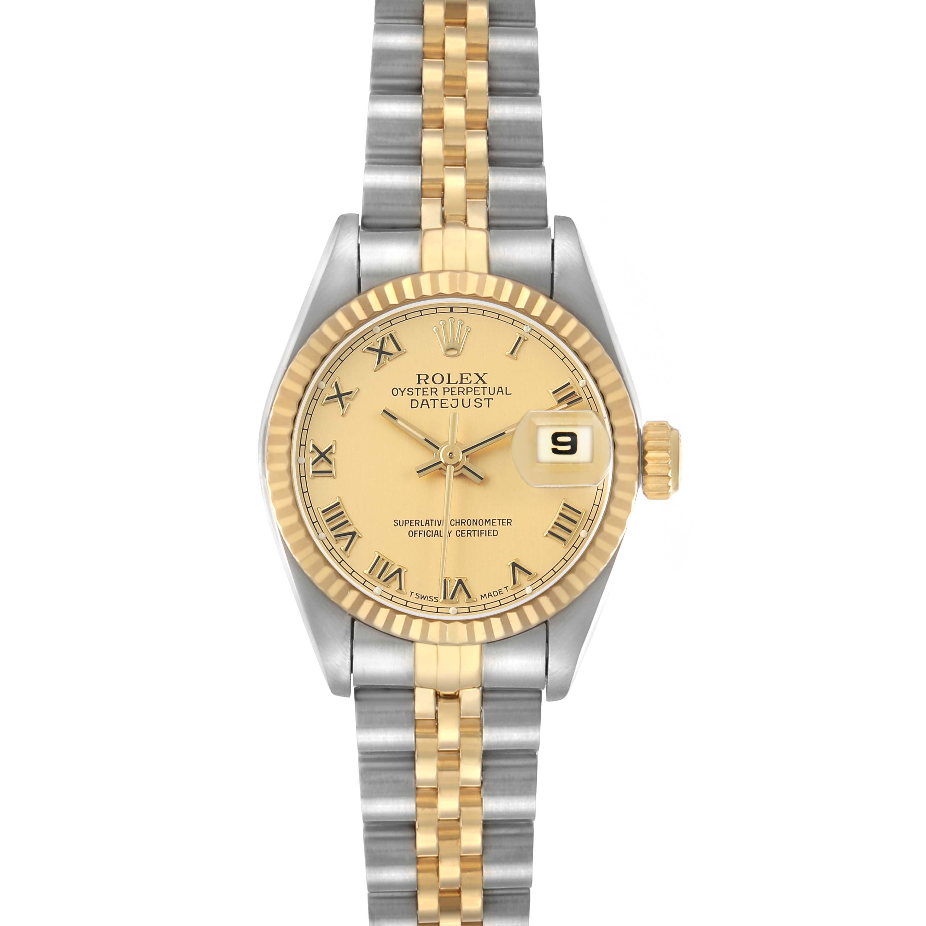 The Rolex Datejust 69173 Women's Steel and Gold (two tone) Champagne Dial watch is shown from a front angle, displaying the dial, bezel, and bracelet.