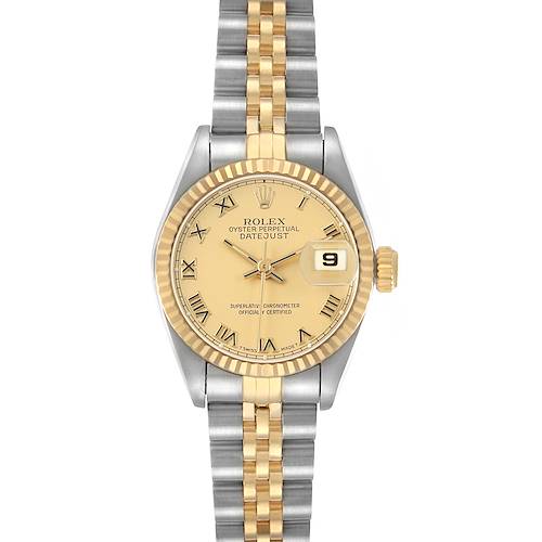 The Rolex Datejust 69173 Women's Steel and Gold (two tone) Champagne Dial watch is shown from a top-down angle, highlighting the bezel, face, bracelet, and date window.