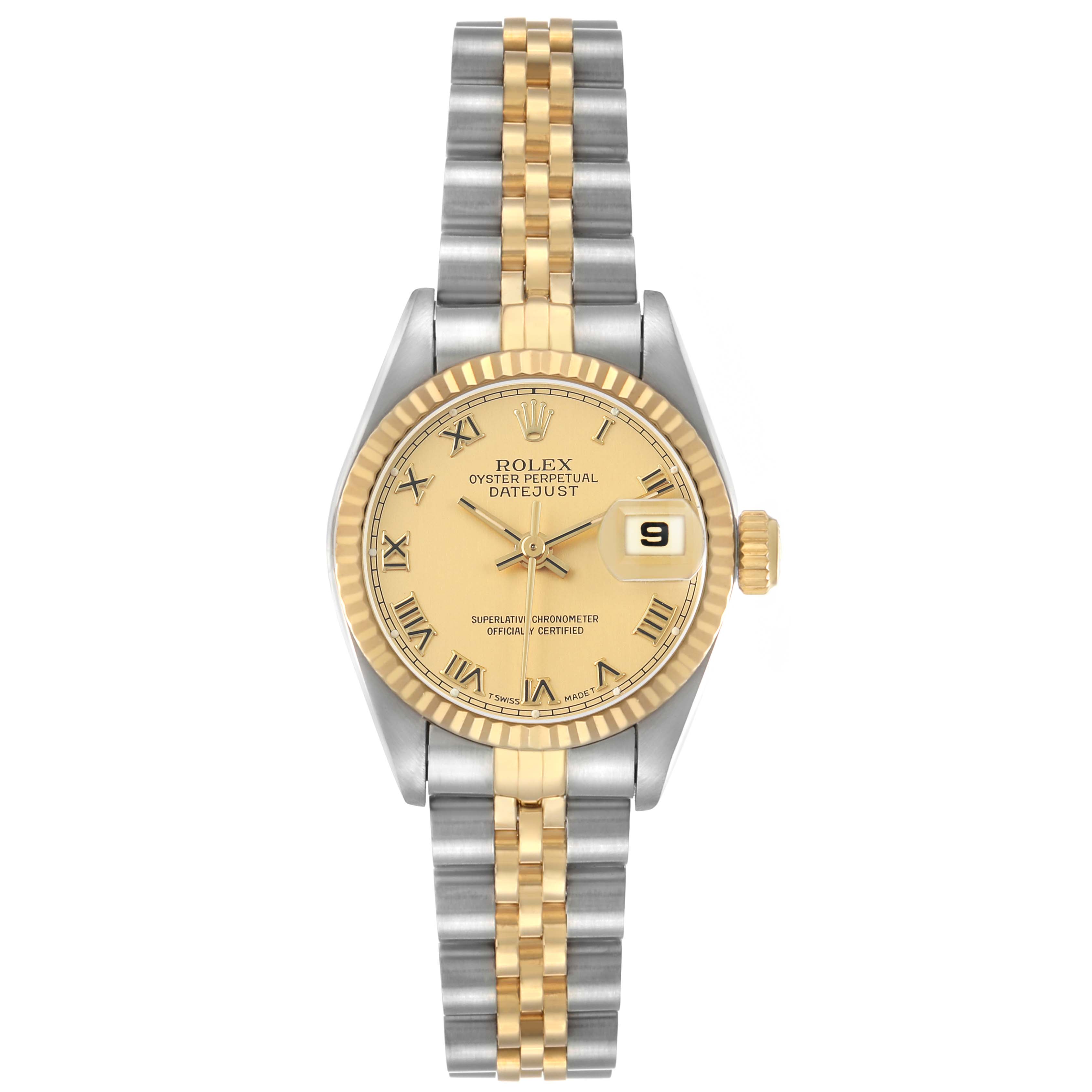 The Rolex Datejust 69173 Women's Steel and Gold (two tone) Champagne Dial watch is shown from a top-down angle, highlighting the dial, bezel, hands, date window, and two-tone bracelet.