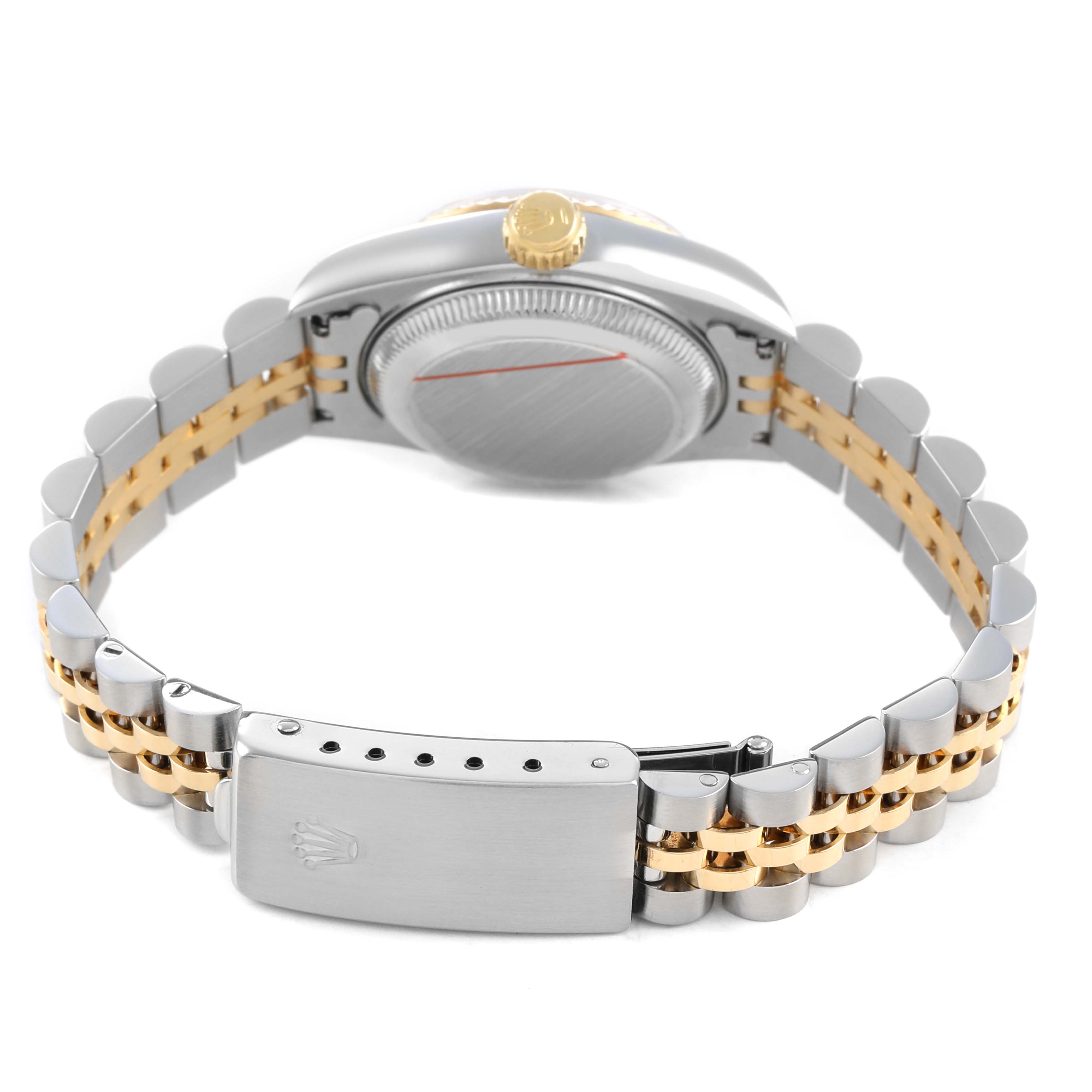 The Rolex Datejust 69173 Women's Steel and Gold (two tone) Champagne Dial watch is shown from the back, highlighting the bracelet, clasp, and crown.