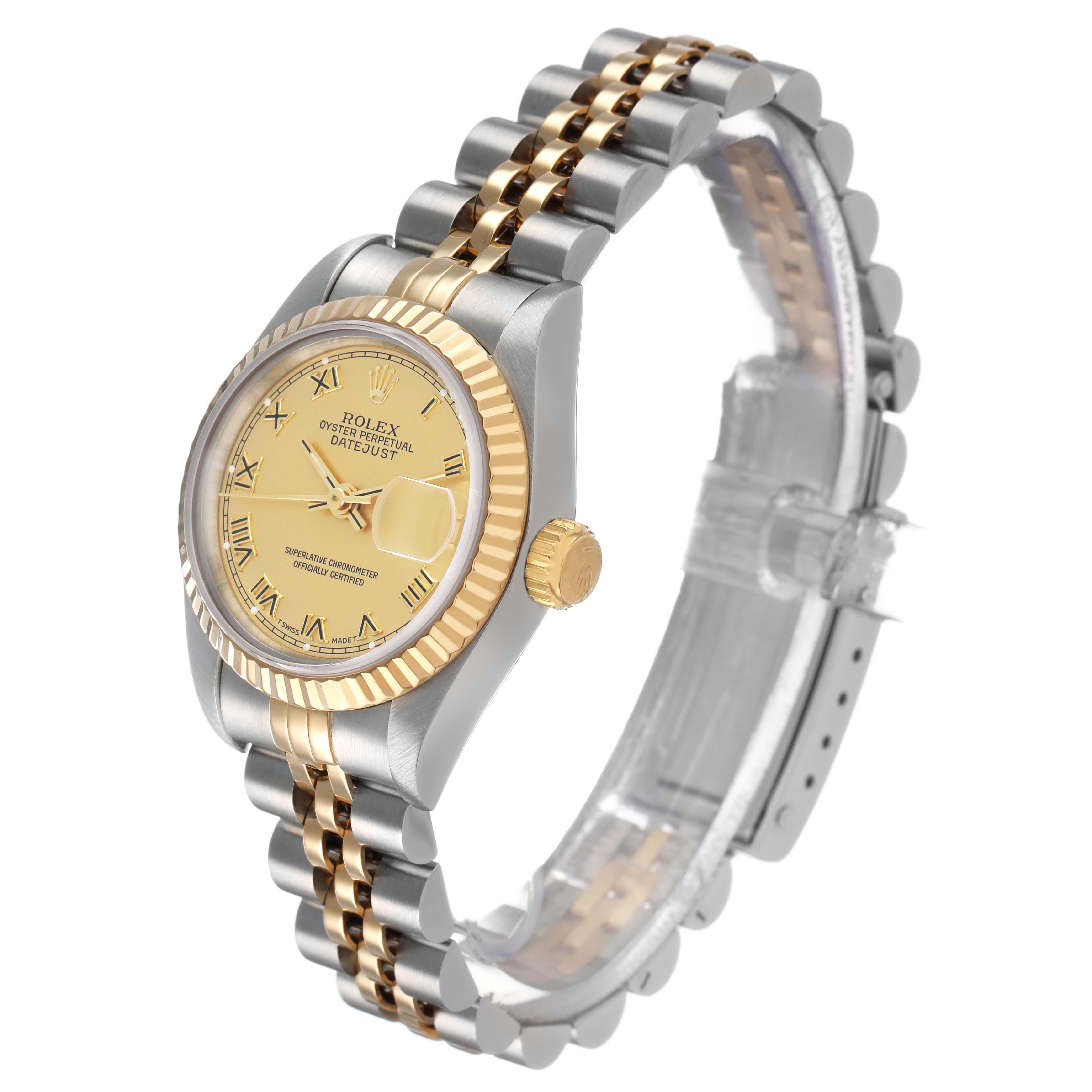 The Rolex Datejust 69173 Women's Steel and Gold (two tone) Champagne Dial watch is shown from an angled side view, highlighting the gold bezel and two-tone bracelet.