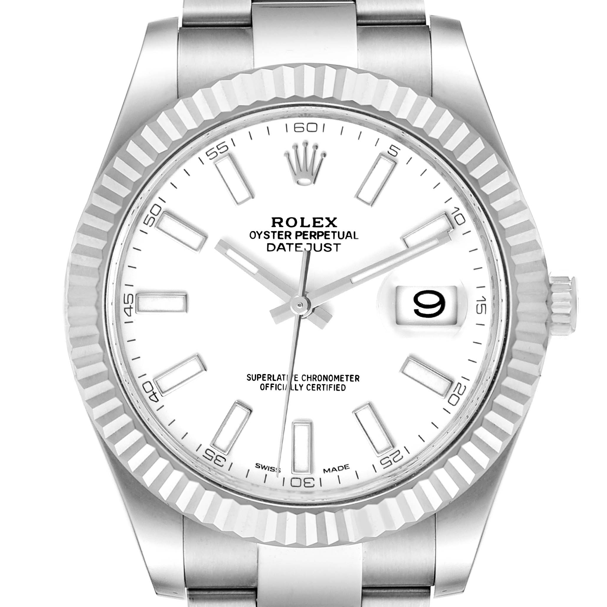 This image displays a front angle view of a Rolex Datejust 41 116334 Men
s Stainless Steel White Dial 116334 Men
s Stainless Steel White Dial, showcasing its dial, fluted bezel, and part of the bracelet.