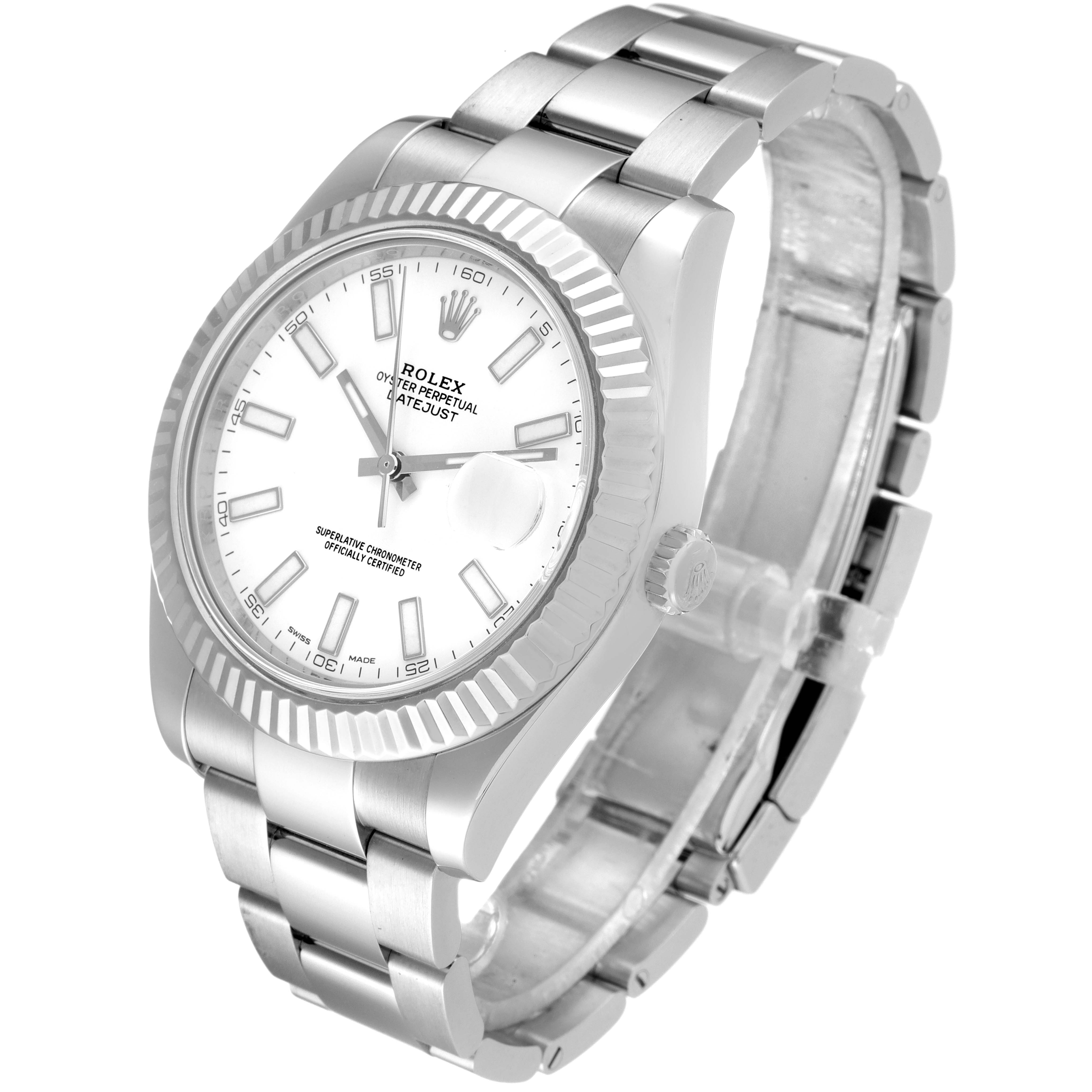 The image shows a Rolex Datejust 41 116334 Men
s Stainless Steel White Dial 116334 Men
s Stainless Steel White Dial model viewed from the front and slightly to the side, displaying its face, bezel, and bracelet.