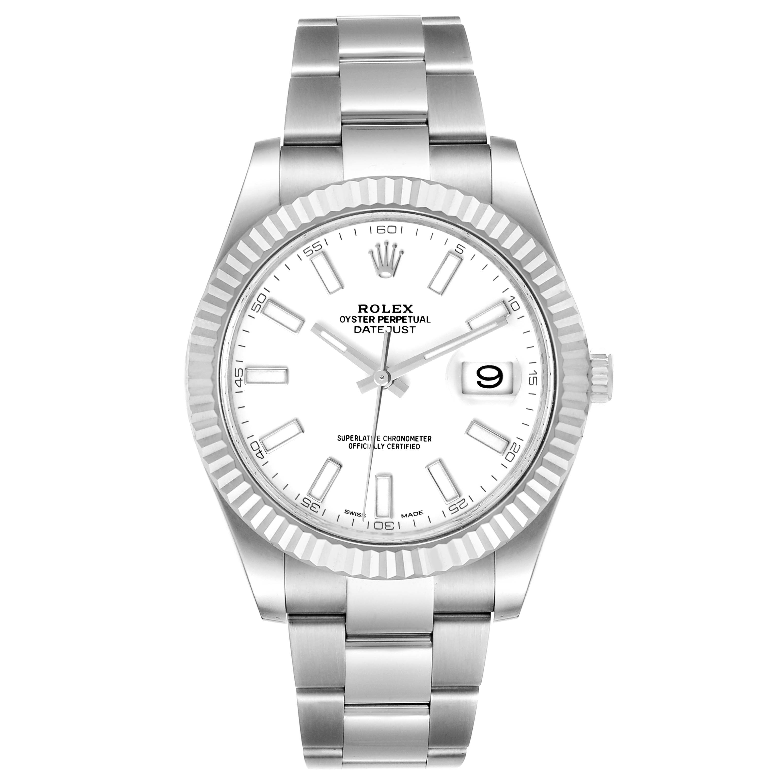 The image shows a front view of the Rolex Datejust 41 116334 Men
s Stainless Steel White Dial 116334 Men
s Stainless Steel White Dial watch, highlighting its white dial, fluted bezel, and Oyster bracelet.