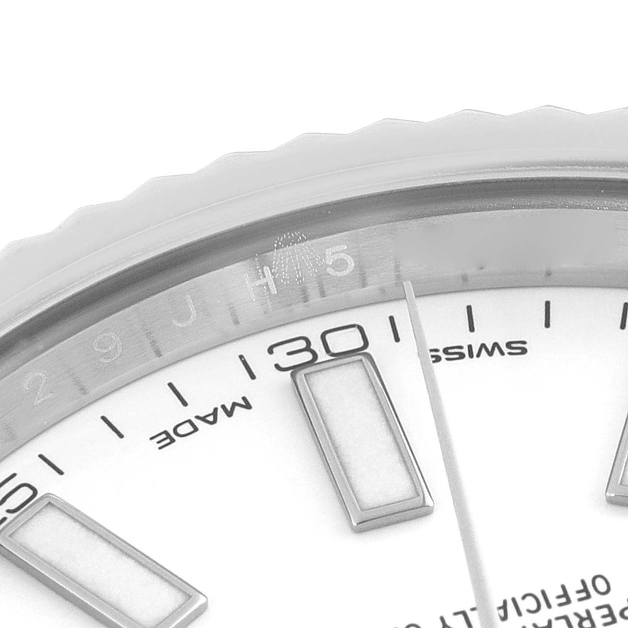 The image shows a close-up of the dial and bezel of the Rolex Datejust 41 116334 Men
s Stainless Steel White Dial 116334 Men
s Stainless Steel White Dial, focusing on the 30-minute marker.