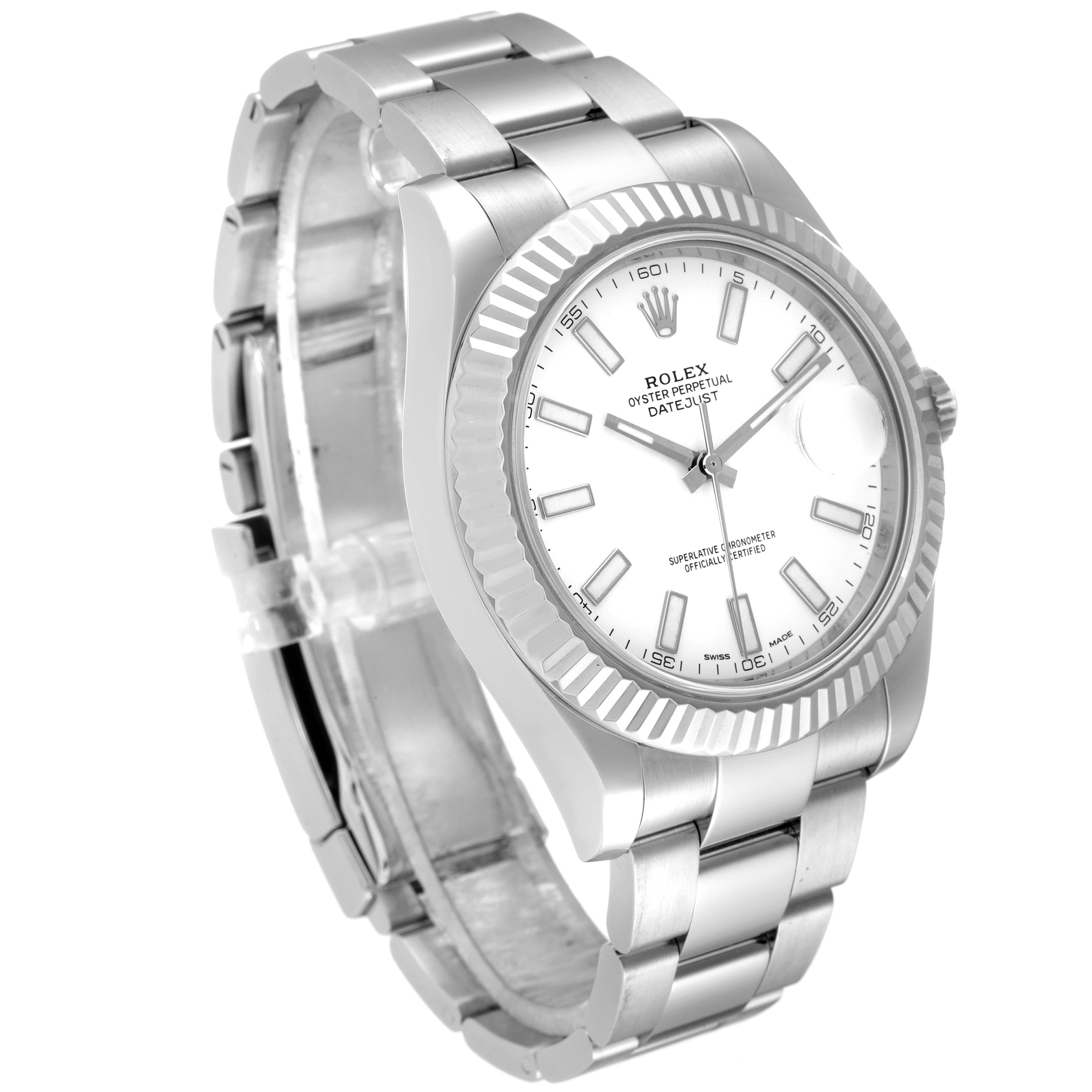 The image shows a Rolex Datejust 41 116334 Men
s Stainless Steel White Dial 116334 Men
s Stainless Steel White Dial watch at a three-quarter angle, highlighting its bracelet, dial, and fluted bezel.