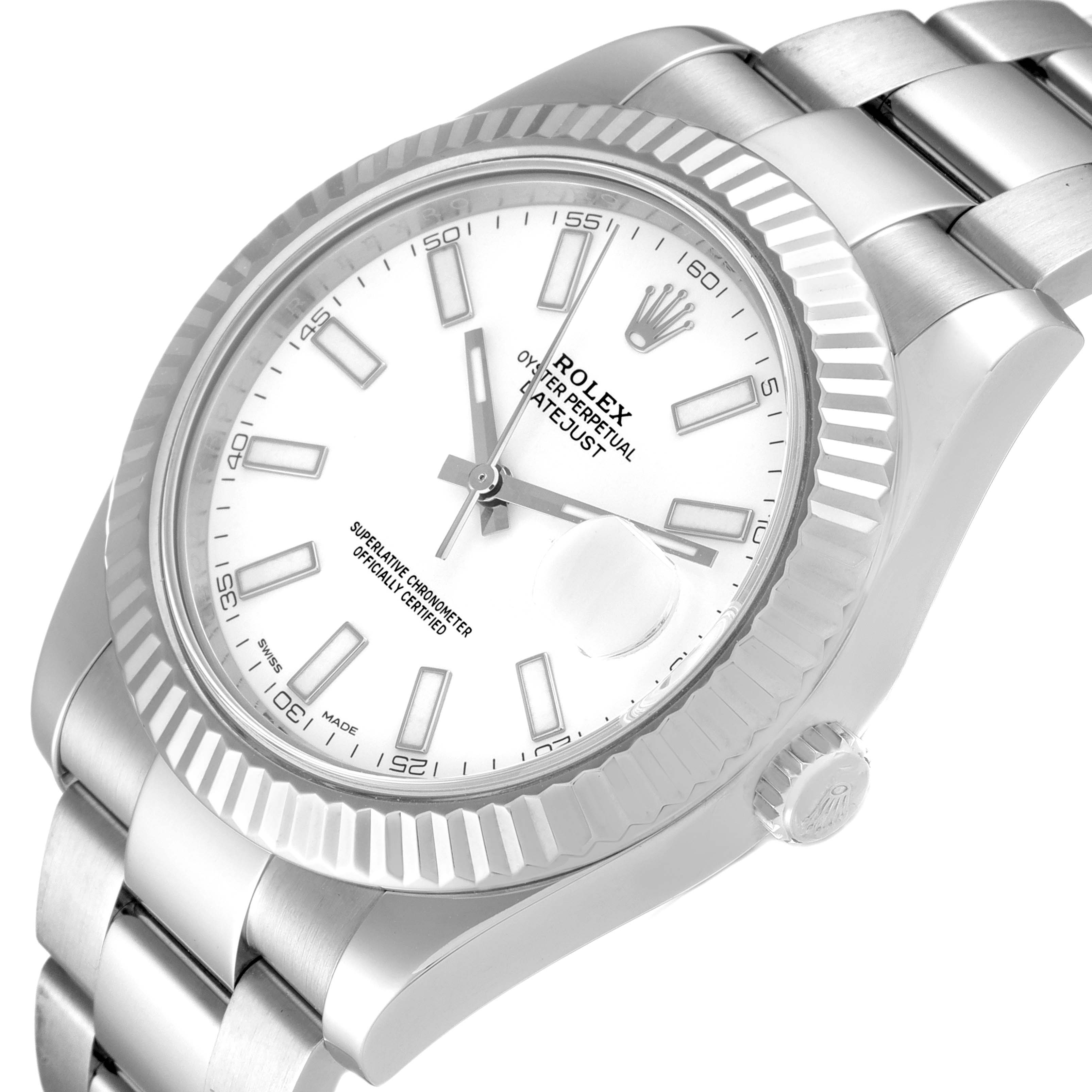 This image shows a close-up angled view of the Rolex Datejust 41 116334 Men
s Stainless Steel White Dial 116334 Men
s Stainless Steel White Dial watch, highlighting its dial, bezel, and part of the bracelet.