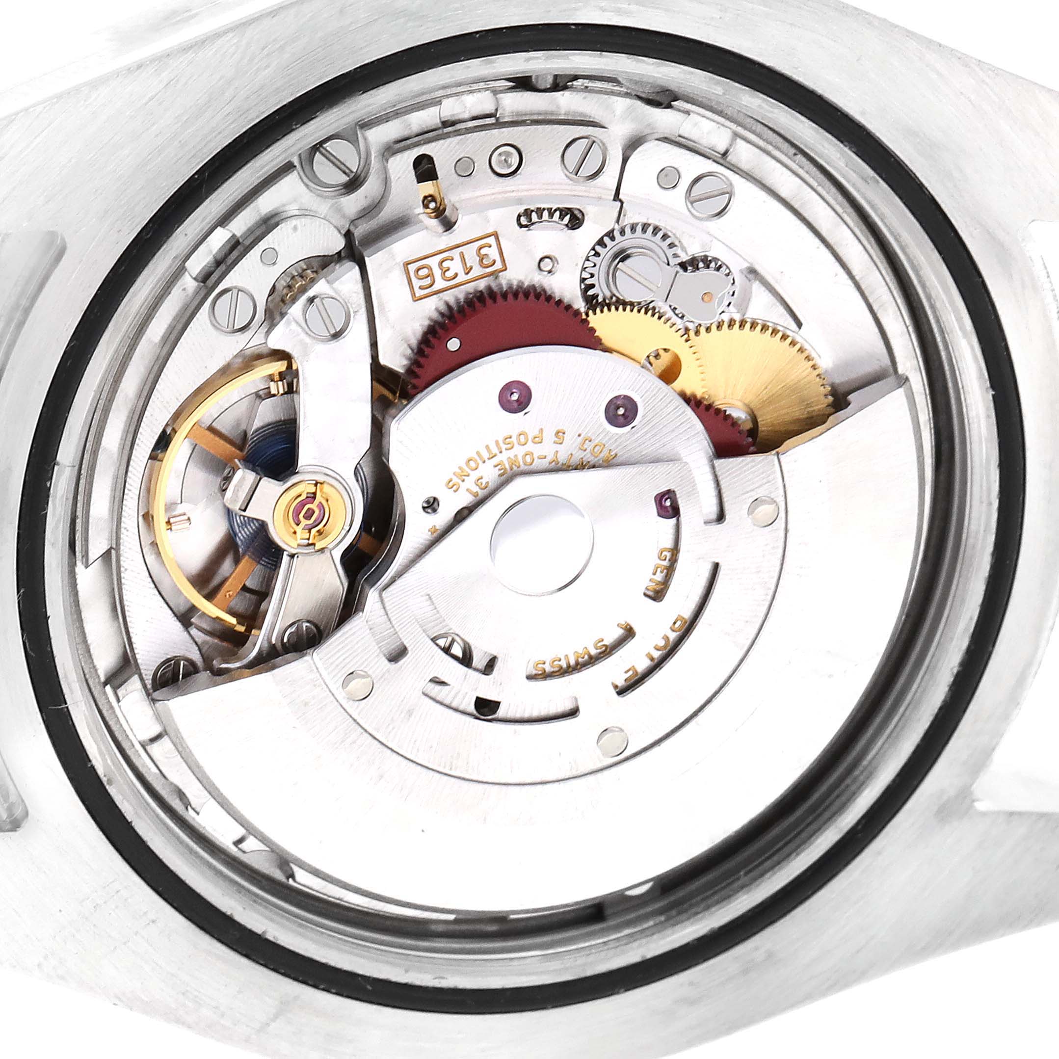 The image shows a close-up view of the movement mechanism of a Rolex Datejust 41 116334 Men
s Stainless Steel White Dial 116334 Men
s Stainless Steel White Dial watch.