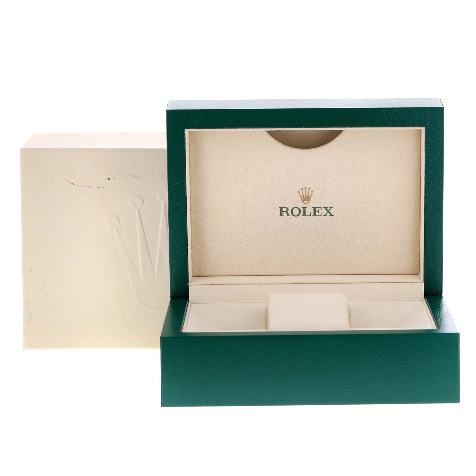 The image shows an open Rolex watch box for the Datejust 41 model, displaying the interior cushion and storage space.