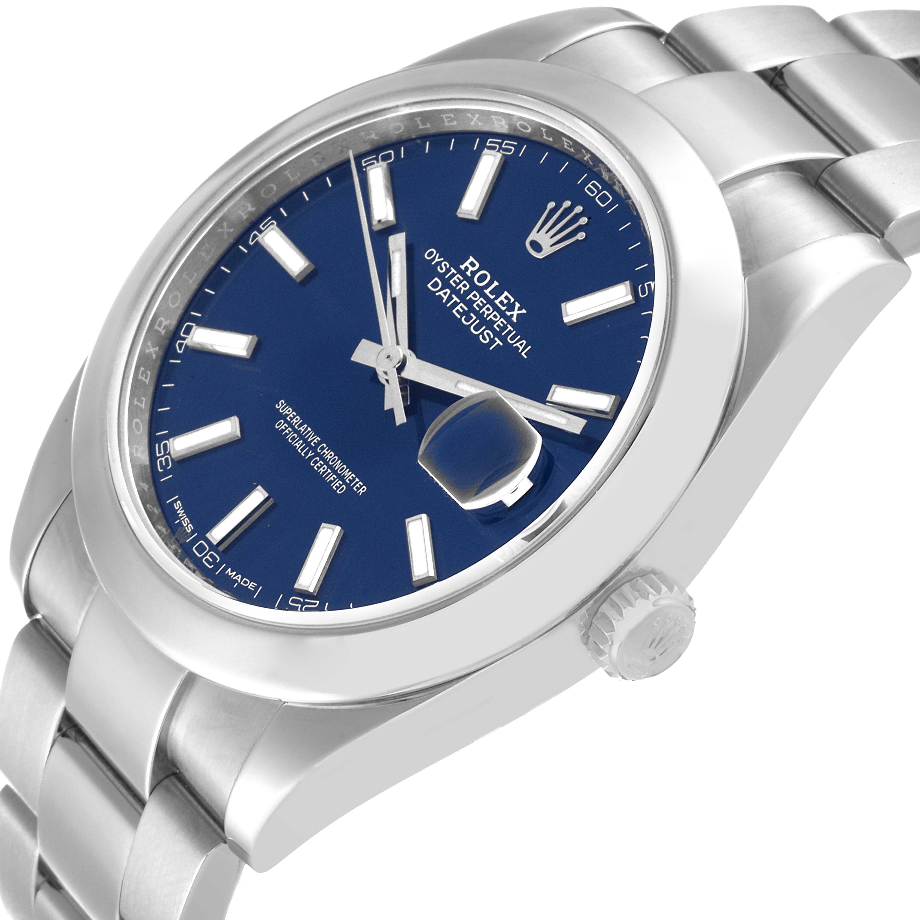 The image shows a Rolex Datejust 41 116300 Men's Stainless Steel Blue Dial 116300 Men's Stainless Steel Blue Dial watch at an angled close-up, highlighting its blue dial, bezel, and bracelet.