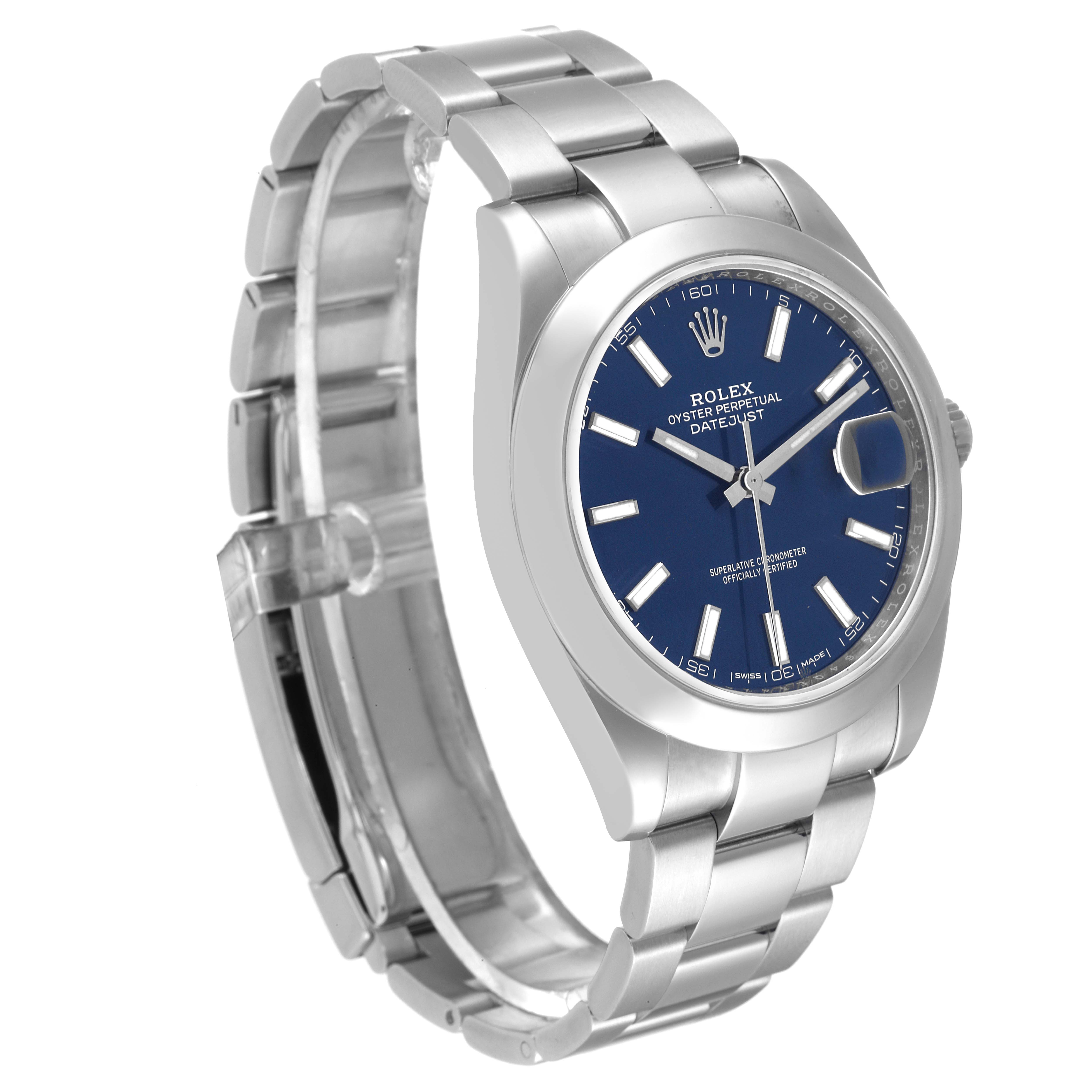 The image shows a Rolex Datejust 41 116300 Men's Stainless Steel Blue Dial 116300 Men's Stainless Steel Blue Dial watch from a front angle, displaying its blue dial, bezel, and stainless steel bracelet.