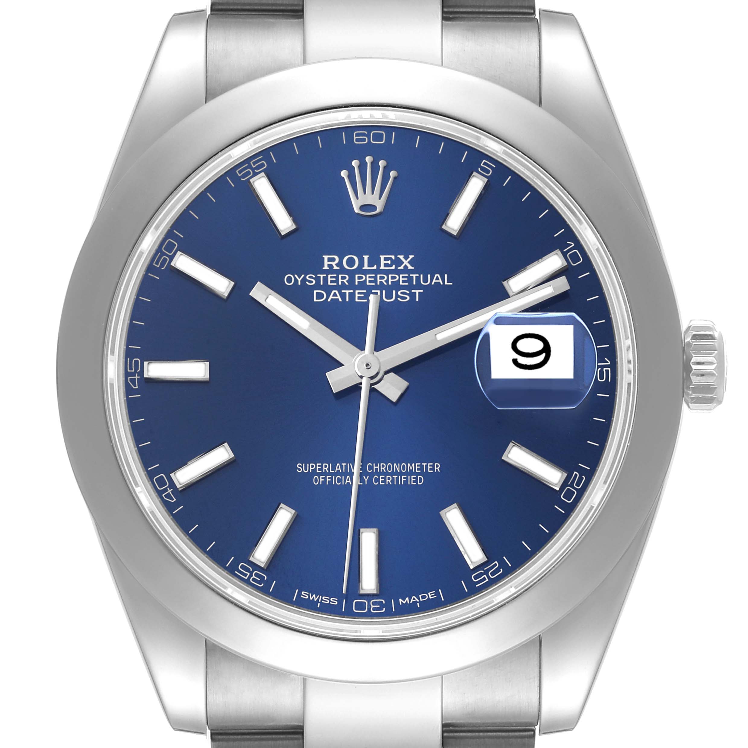 This is a close-up image of a Rolex Datejust 41 116300 Men's Stainless Steel Blue Dial 116300 Men's Stainless Steel Blue Dial watch showing its blue dial, bezel, crown, and part of the bracelet.