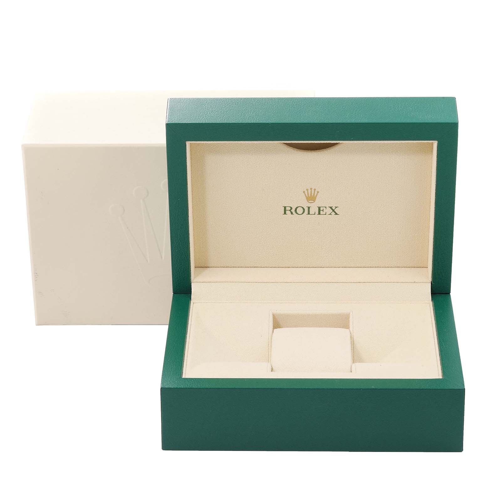 The image shows a green Rolex watch box with its beige interior open, designed for the Datejust 41 model.