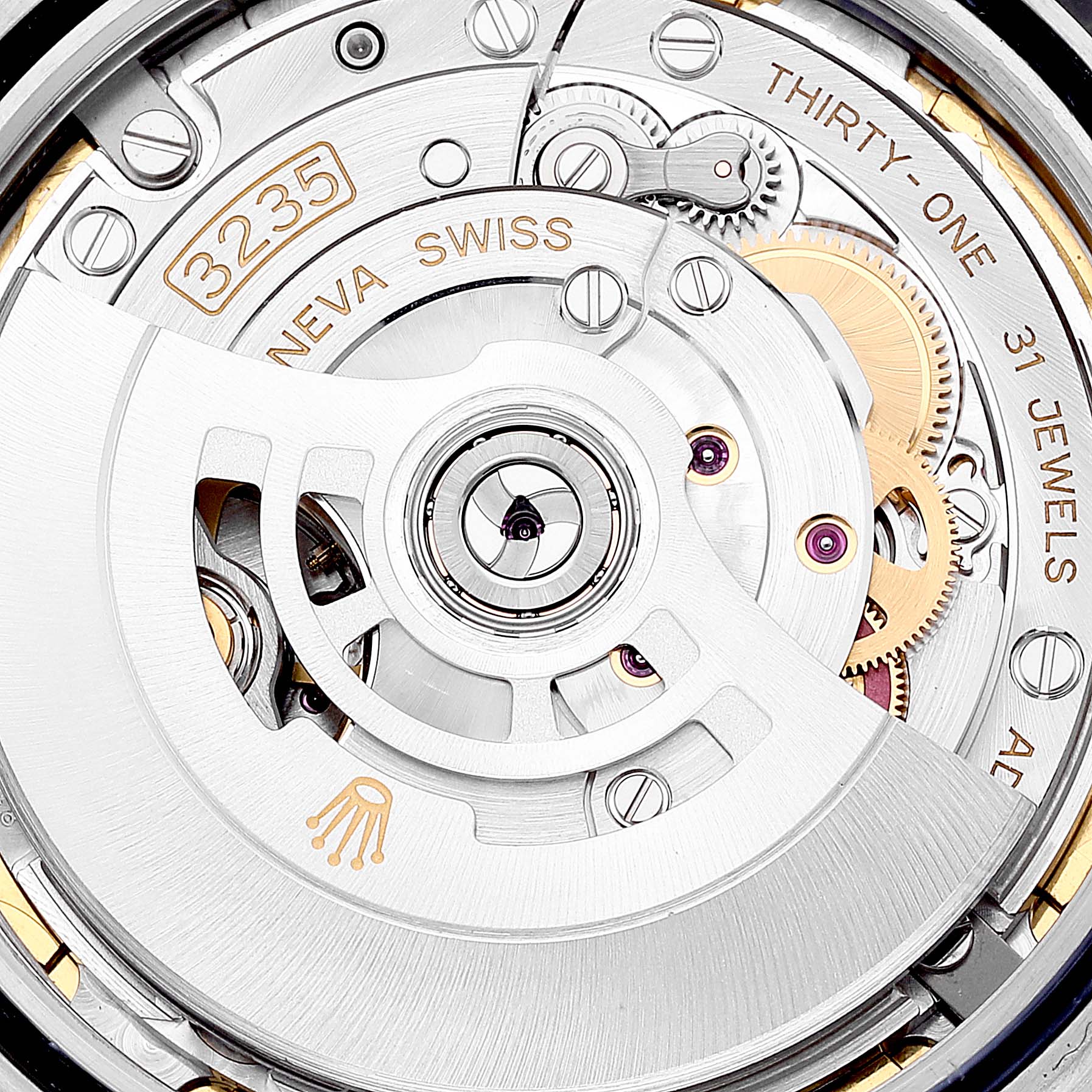 This image shows a close-up view of the movement mechanism of a Rolex Datejust 41 116300 Men's Stainless Steel Blue Dial 116300 Men's Stainless Steel Blue Dial, highlighting the 3235 caliber and intricate gears.